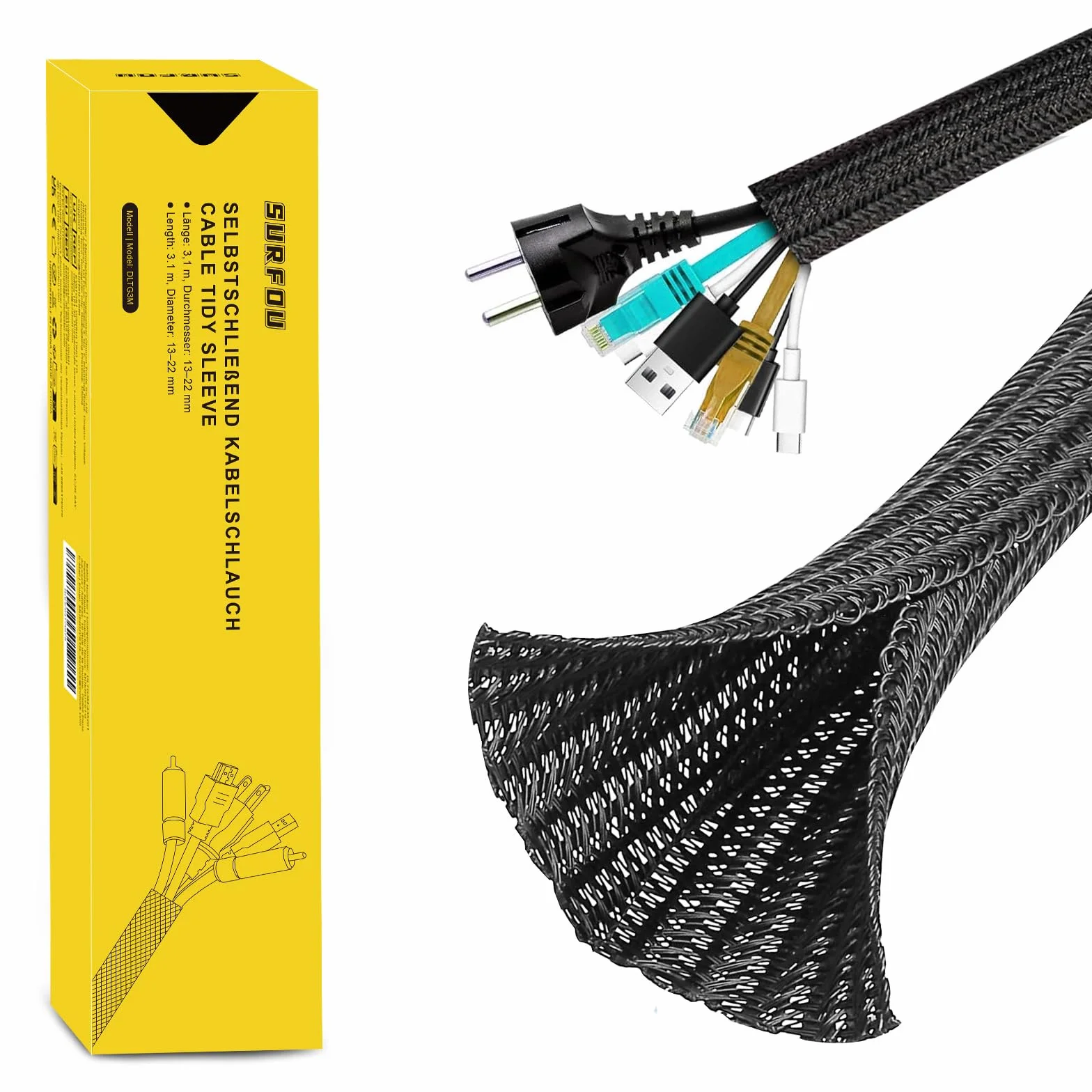 SURFOU Guaina per Cavi Elettrici 3.1m X 13mm, Scrivania Copricavi Nera, Raccogli Fili Nascondi Passacavi, Copricavo Cavo Guaine Raggruppa Flessibile Raccoglicavi Cable Antirofitori