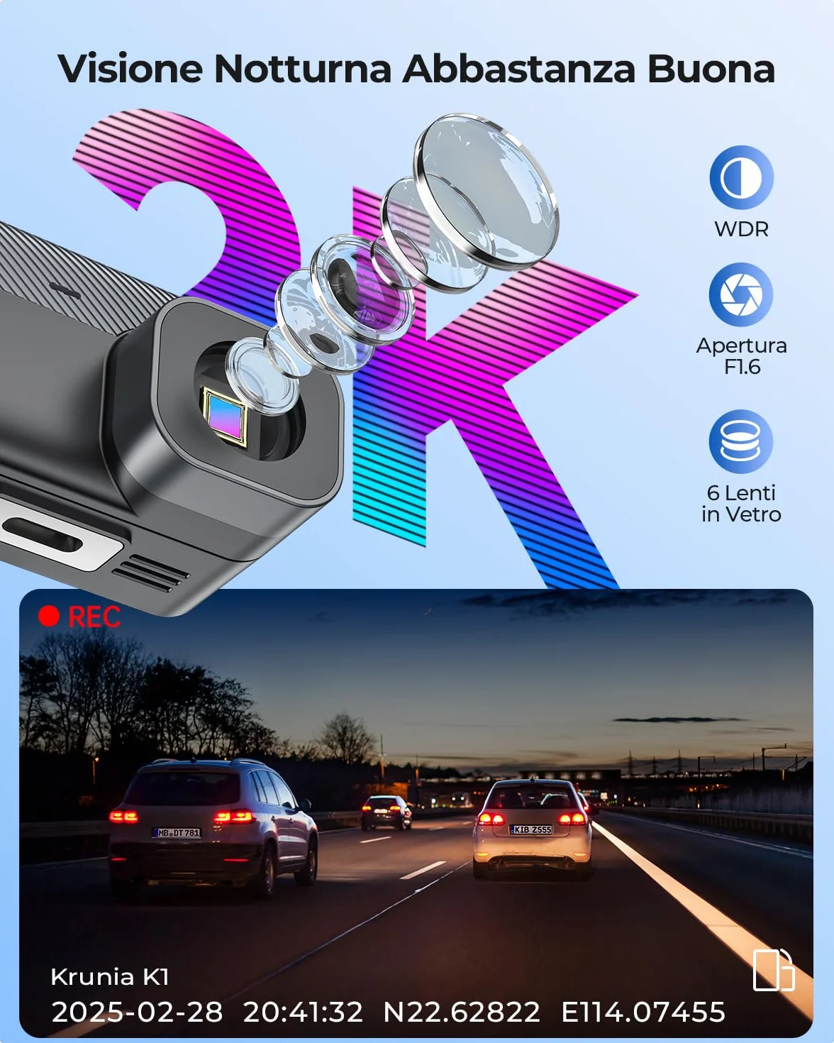 2K Wi-Fi Mini Dash Cam Auto, Telecamera con App, Compatibile con CPL e GPS Esterni, Supporti Magnetici, Visione Notturna WDR, Sorveglianza Parcheggio 24h, Supercondensatore, Angolo 170°
