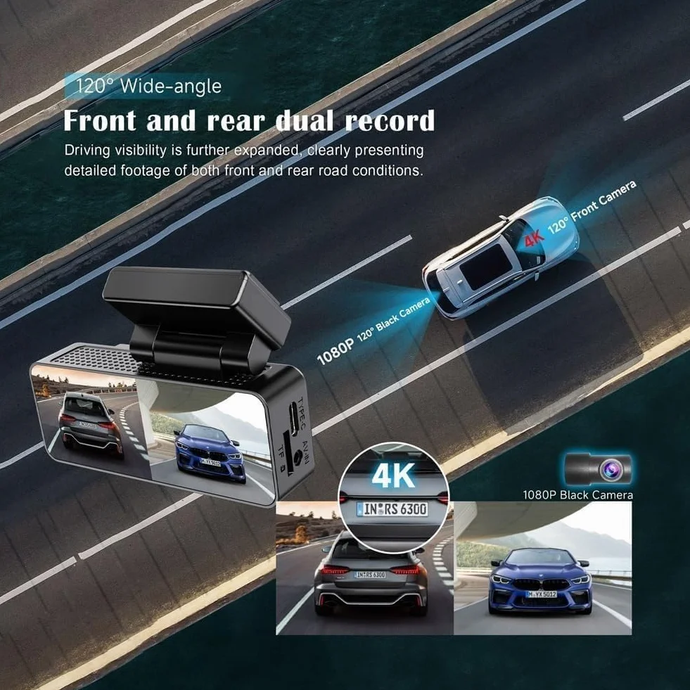 Osmo Dashcam Pro, Dashcam Wireless Per Auto, Anteriore E Posteriore Con Scheda Da 64 GB E Controllo Wi-Fi/app, Telecamera Per La Retromarcia, Registrazione In Loop, Monitoraggio
