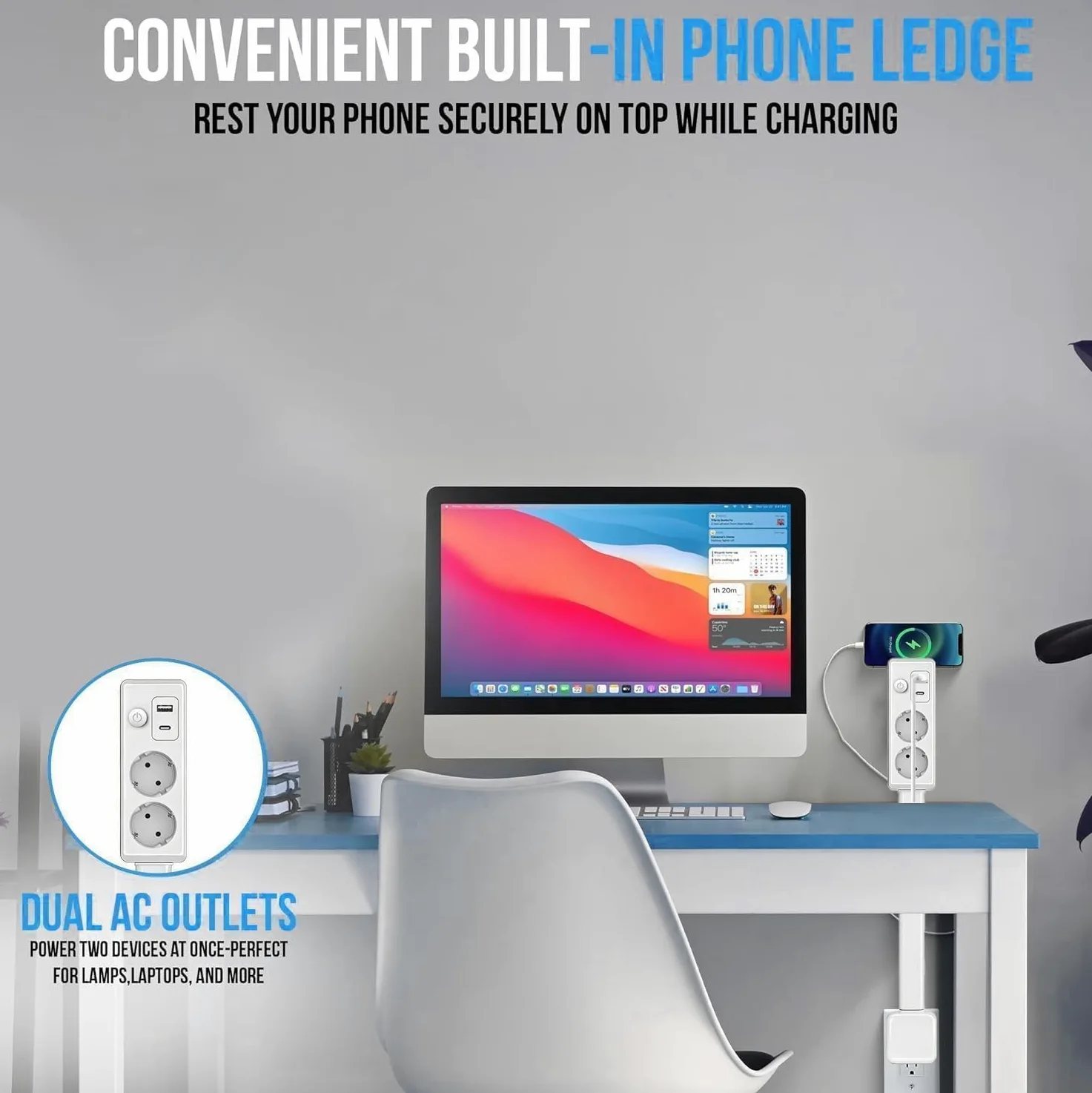 Ciabatta elettrica estensibile girevole con 2 prese UE e porte USB, 48-71 cm per spazi ristretti e dietro mobili