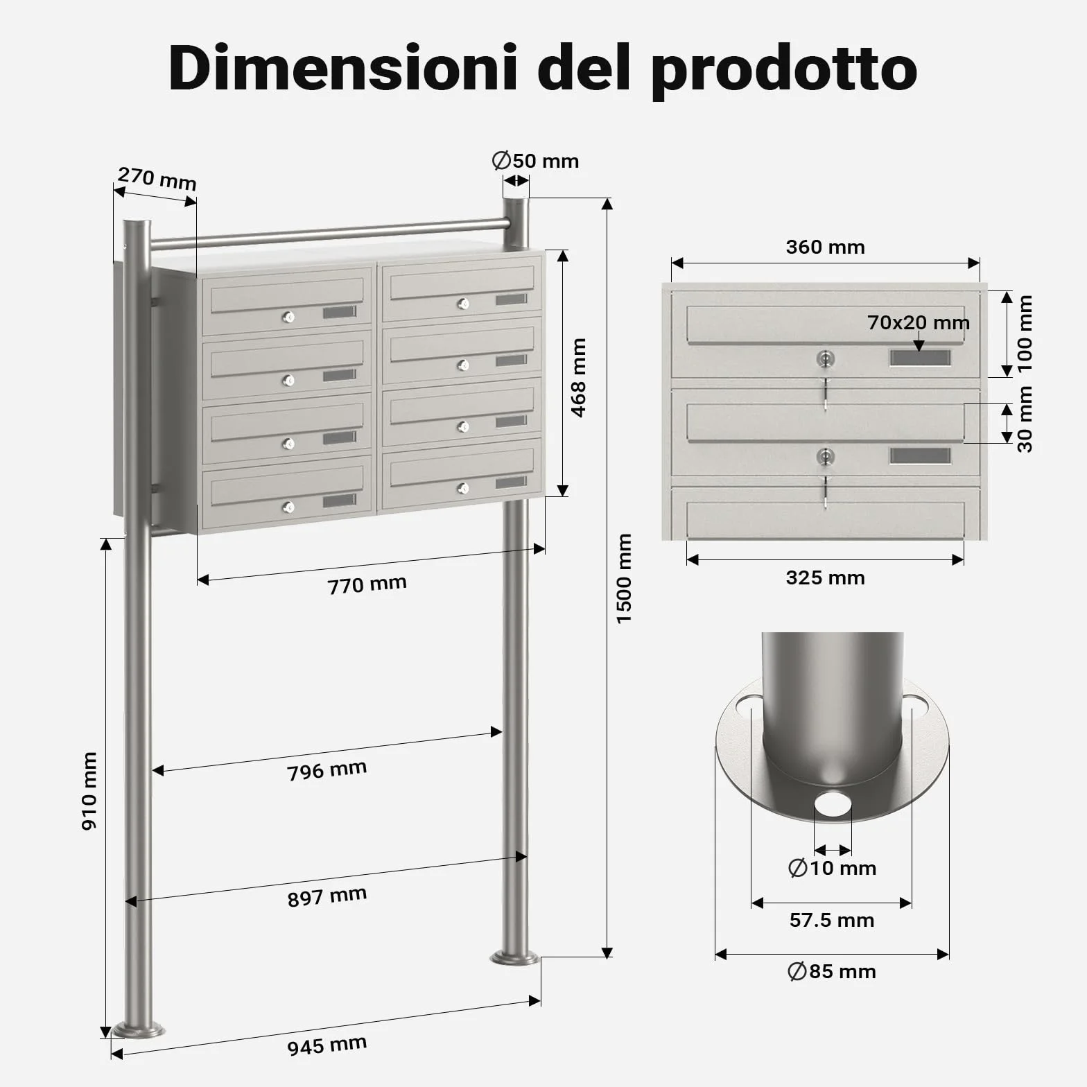 Wiltec Cassetta postale condominiale autoportante 8 posti acciaio inox 945x270x1500 mm 2 moduli