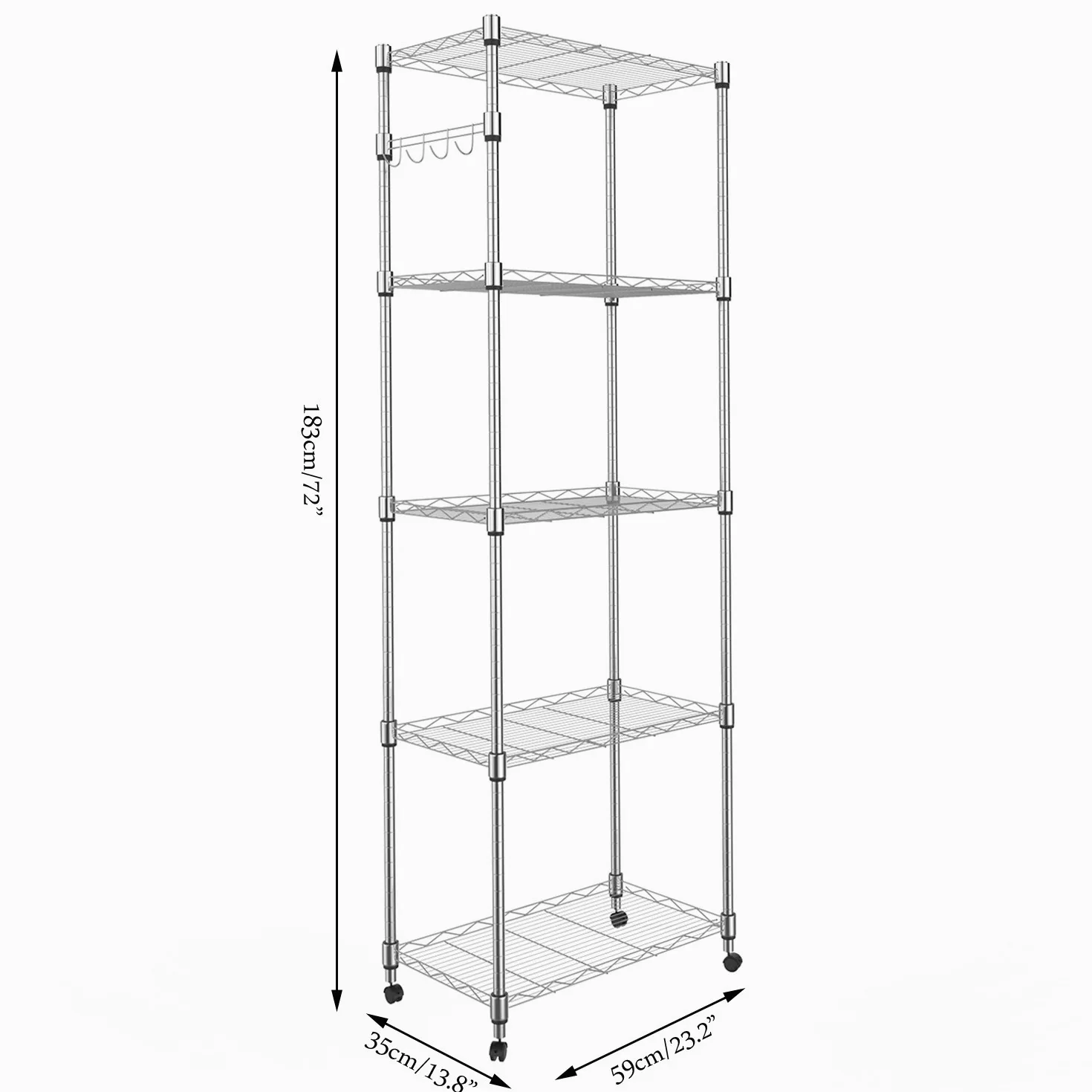 Scaffale a 5 ripiani in filo metallico cromato regolabile su ruote, resistente, 50 x 35 x 182 cm, per cucina, garage, ufficio e casa