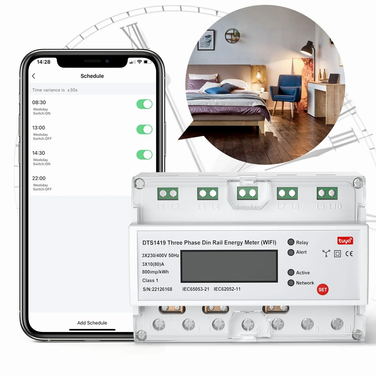 eMylo Misuratore di energia WiFi intelligente, contatore digitale LCD a 3 fasi su guide DIN, misuratore di consumo di energia, 80A 230-400V, supporto Alexa Google Assistant App Controllo remoto per ca