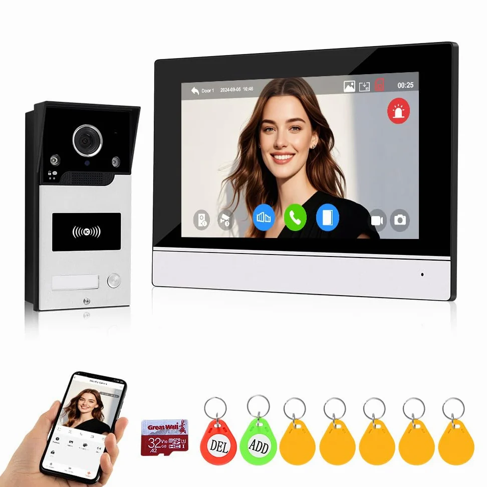 WiFi Video Interfono Sistema di Ingresso a Campanello, 7inch 1080P HD Videocamera a Campanello Visione Notturna IR, Registrazione di Supporto, Scheda RFID/TUYA APP Sblocco