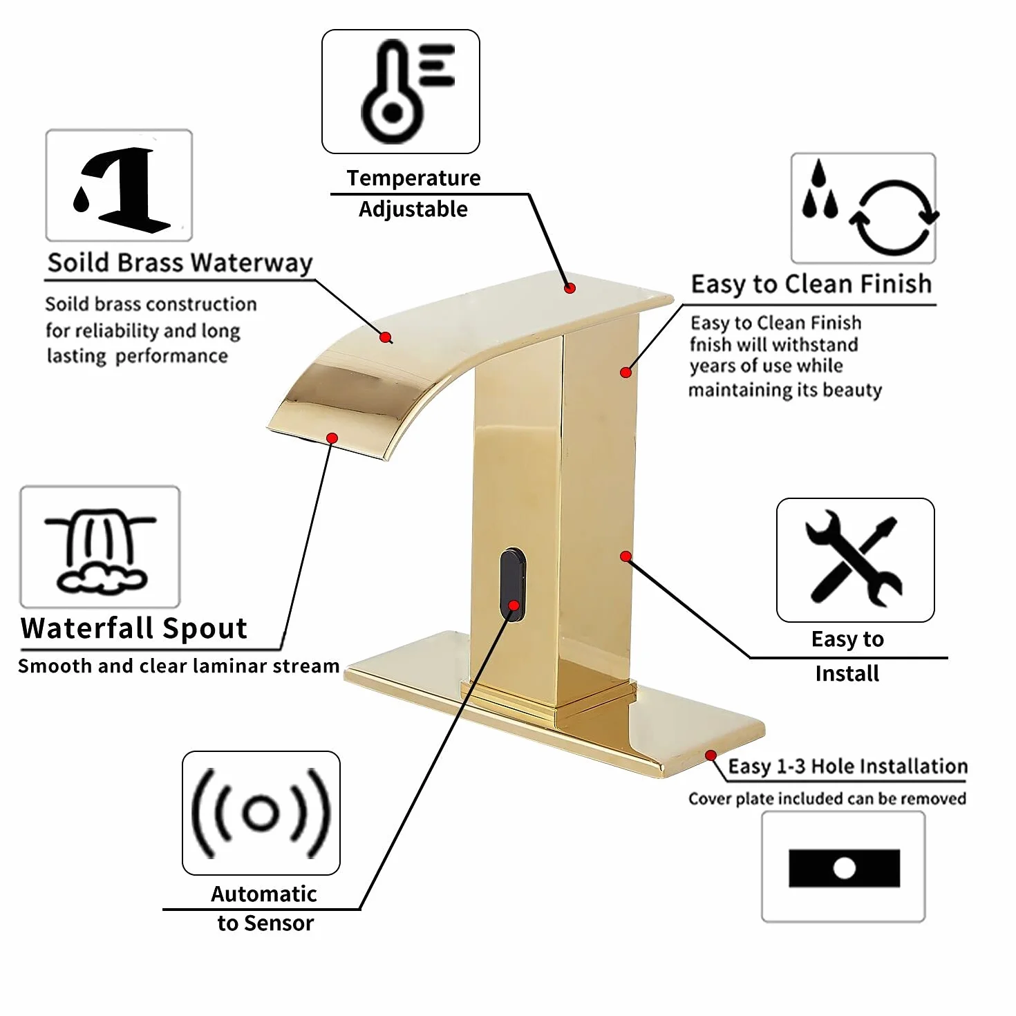 Oro Lucido Bagno Rubinetto Touchless Sensore Automatico Lavandino con Coperchio Foro Rubinetto Vanity Mani Free Cascata Scatola Controllo Miscelatore Temperatura