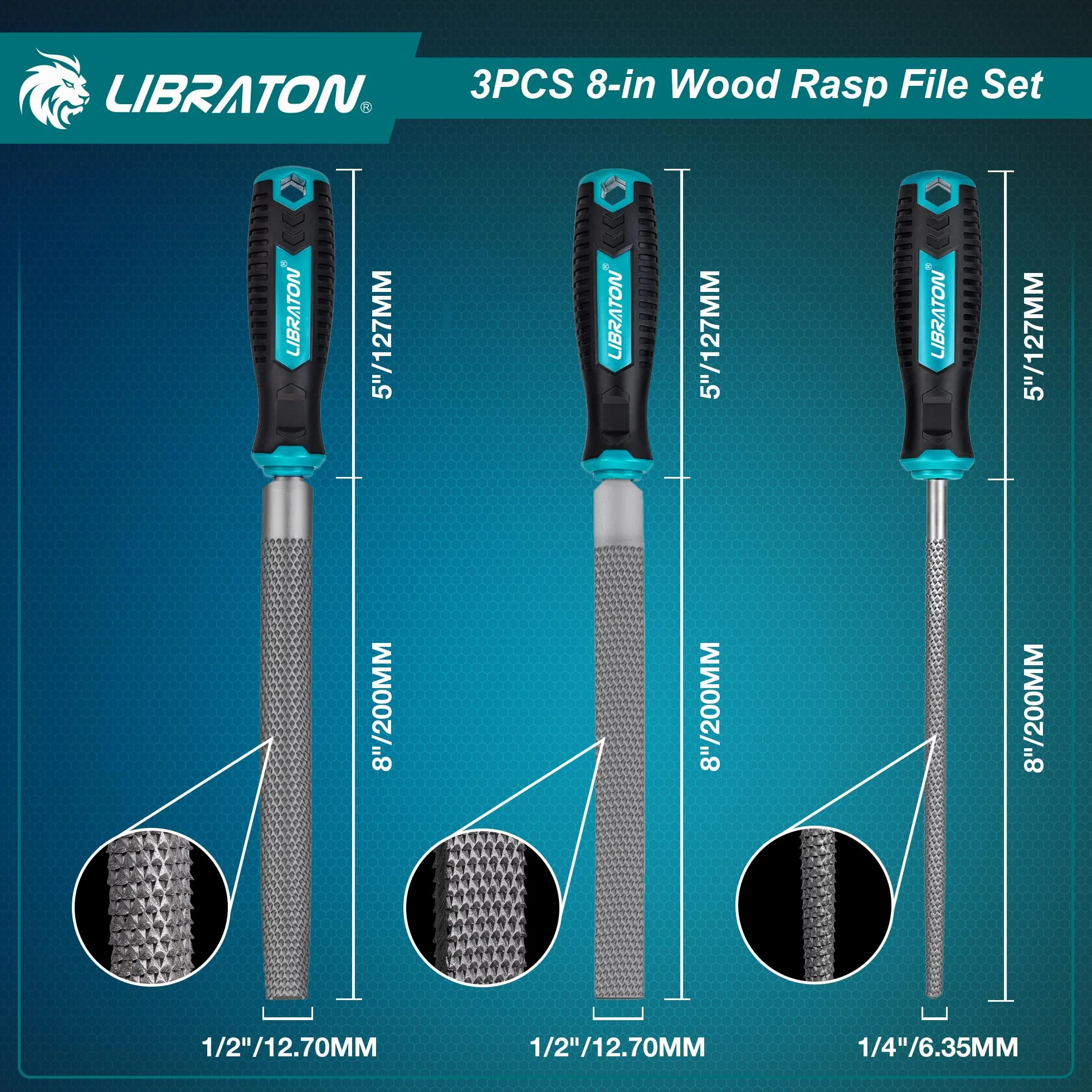 Libraton Set di Raspe per Legno 3 Pezzi, Lime Multiforma Acciaio Carbonio 200mm per Falegnameria