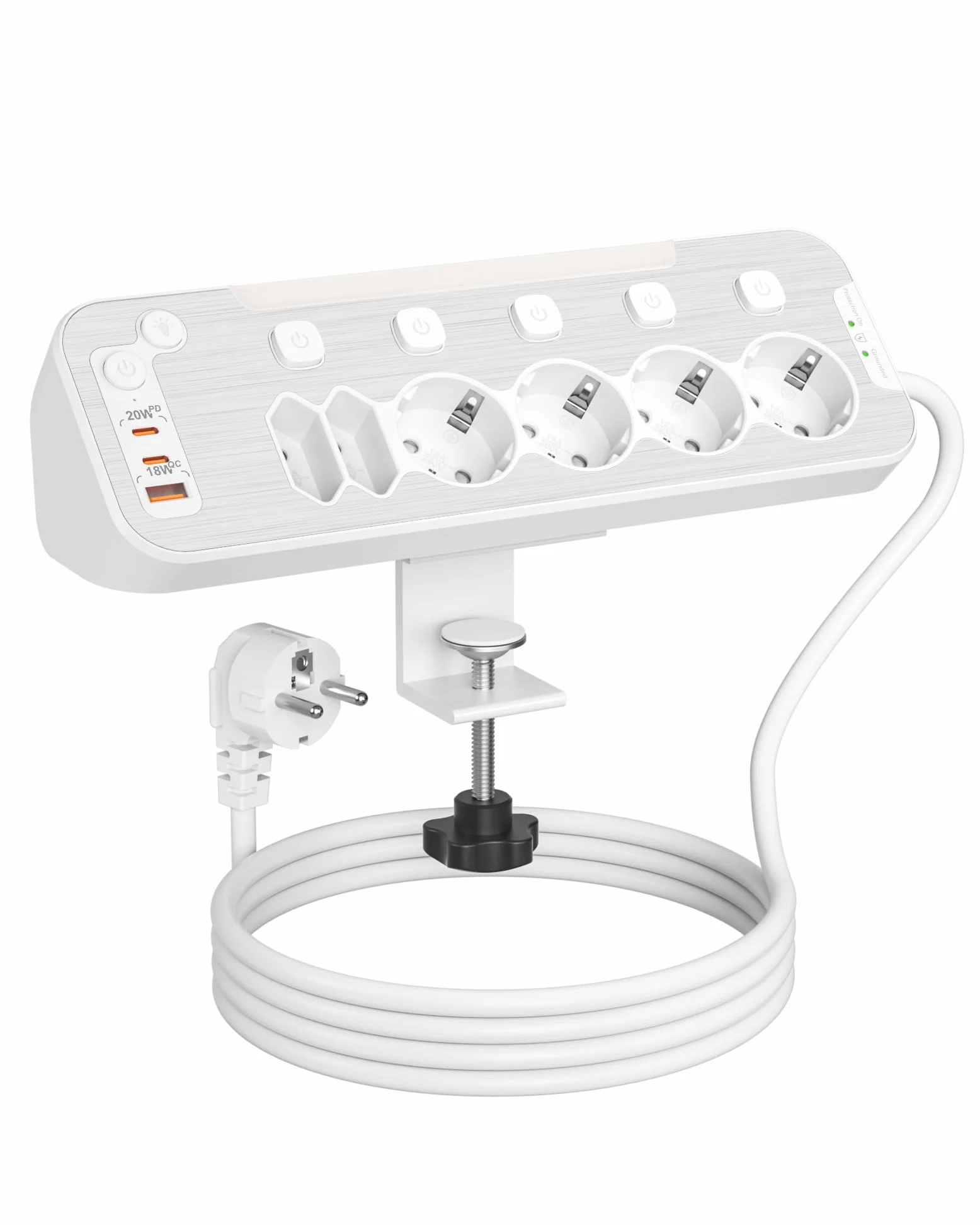 Ciabatta Multipresa da Scrivania,Multipresa Schuko Protezione Sovratensione | Presa Multipla Salvaspazio 6 Presa,Presa da Tavolo con USB C,Angolare Ciabatta Elettrica con Interruttore,Cavo 2 M,Bianco