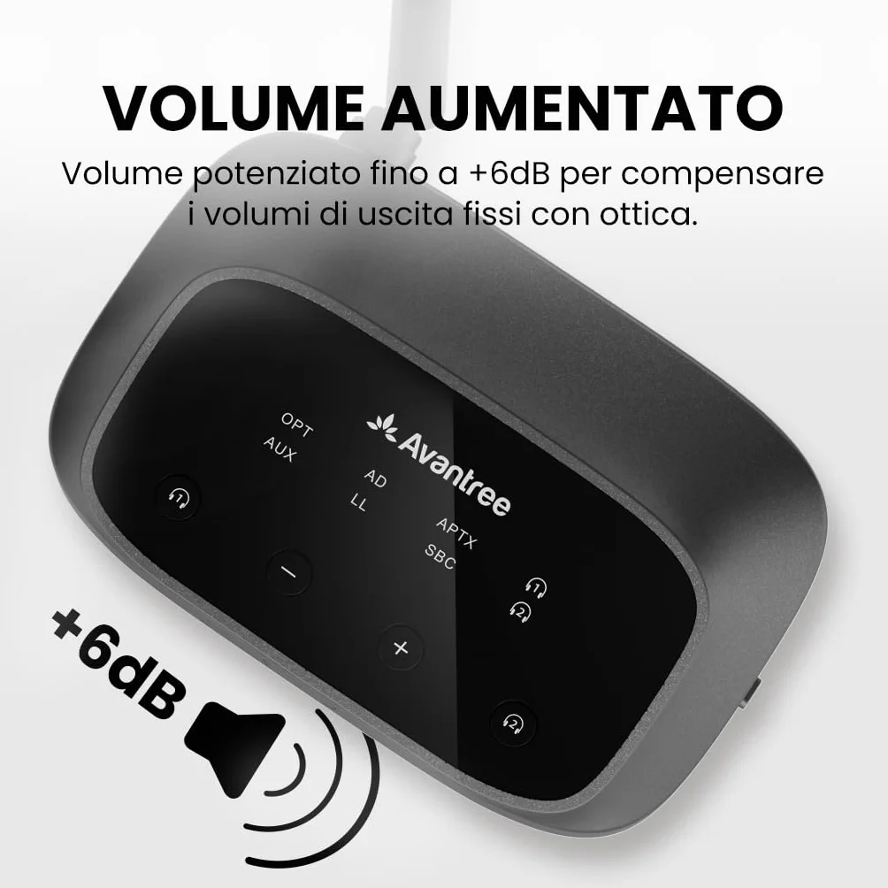 Avantree Oasis Plus 2 – Trasmettitore Bluetooth per TV con controllo del volume a distanza, supporta due cuffie, aptX‑Adaptive, passthrough soundbar, per TV con uscita ottica o AUX
