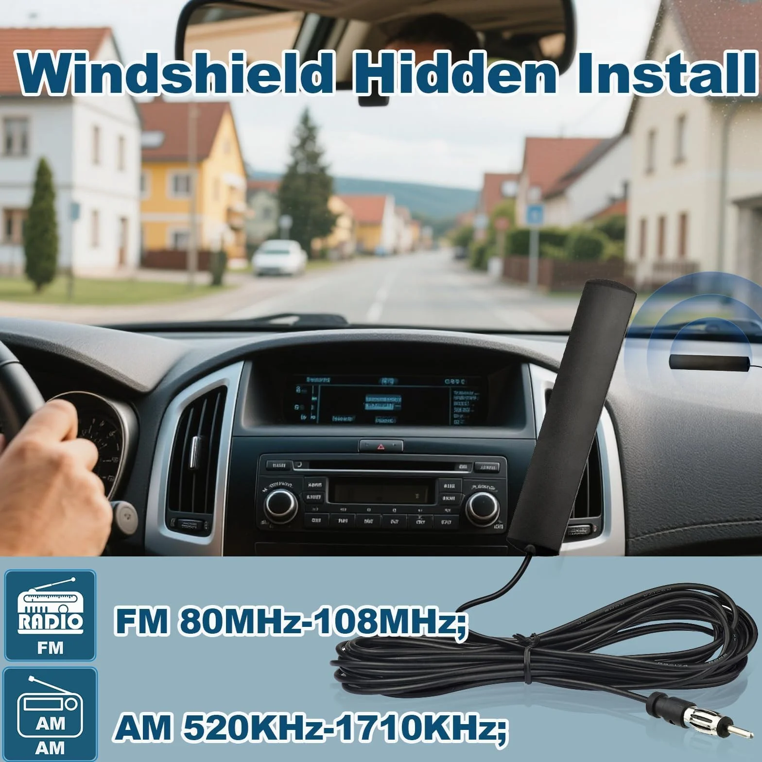 Bingfu Adattatore Antenna Autoradio Interna Antenna Elettronica Amplificata Radio Auto Universale ANT-309 Adattatore DIN 88Mhz-110Mhz Parabrezza Adesiva 3M Cavo