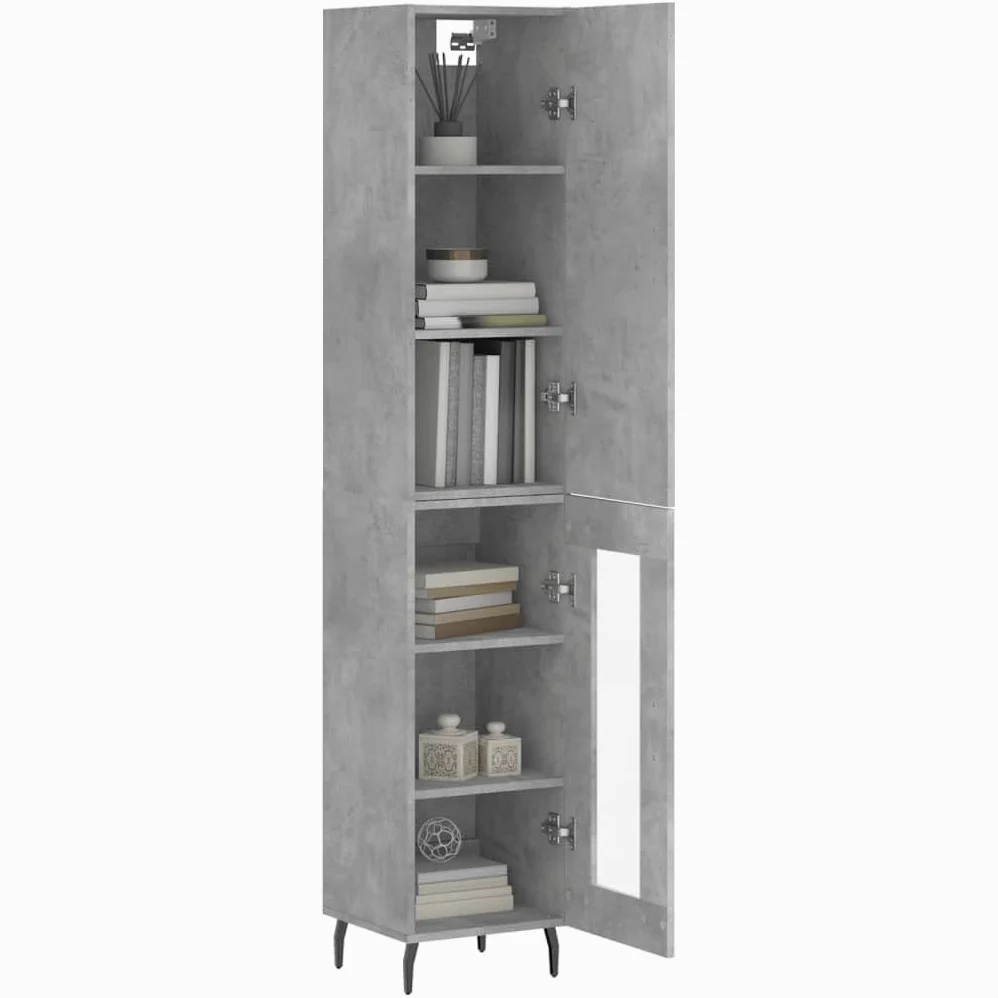 Armadietto alto in legno grigio cemento, 34,5 x 34 x 180 cm, con molto spazio e piedini in metallo, per soggiorno, comò e credenza, elegante armadio da corridoio dal design pratico