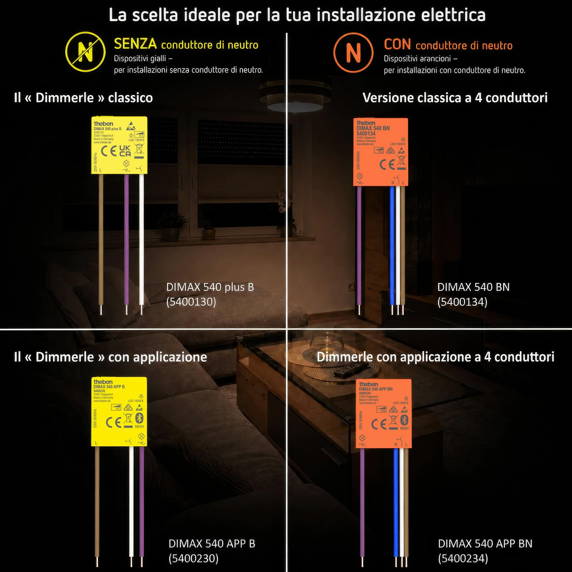 Theben 5400134 DIMAX 540 BN Mini dimmer universale da incasso | versione con 4 conduttori, 32,7 x 26,6 x 9,6 mm, lunghezza cavo fino a 100 m, funzione memoria