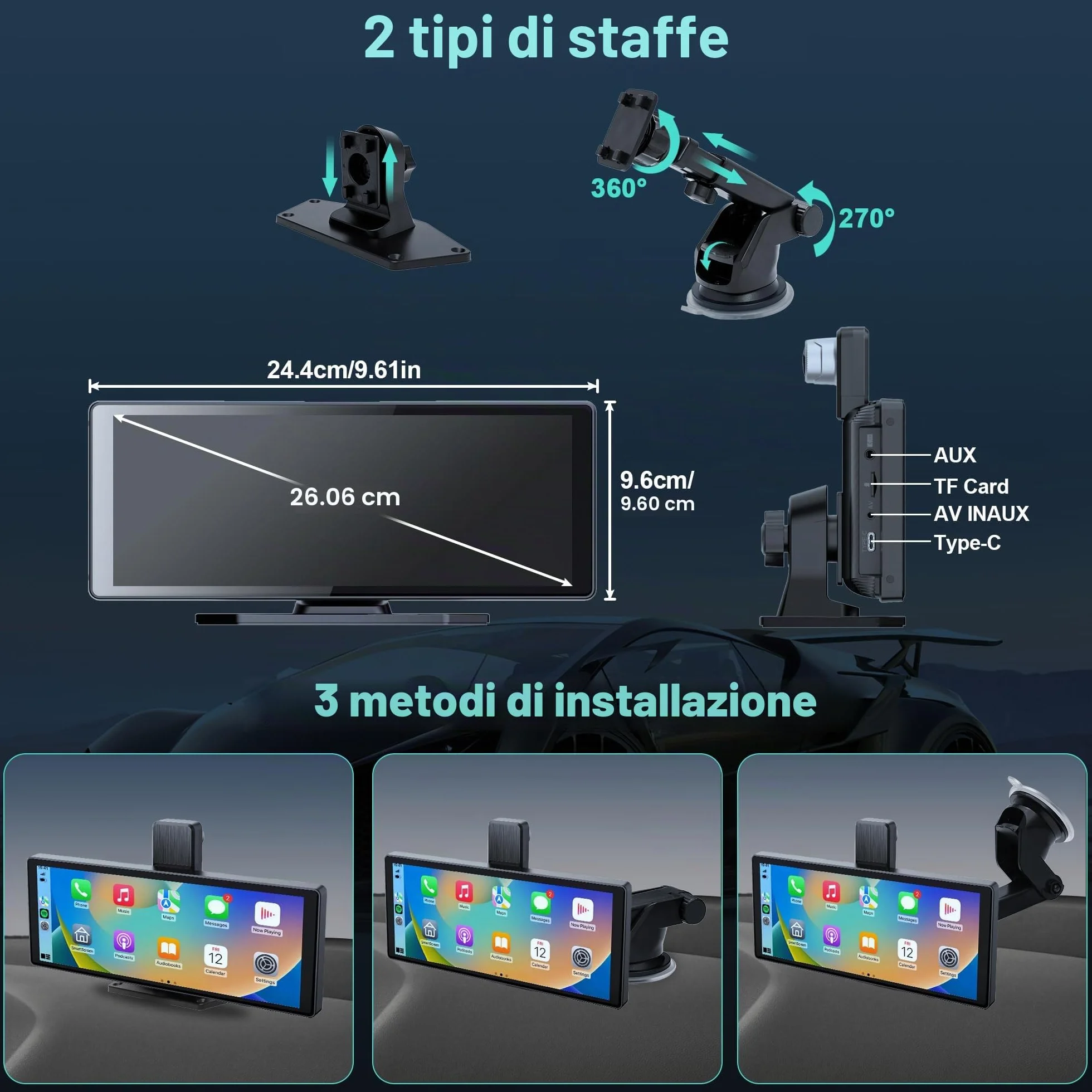 Audio Portatile Per Auto, 10.26" Schermo Carplay,car play per auto android con doppia telecamera anteriore + posteriore 4K 1080P, riproduzione car play wireless con Mirror Link/S-iri/AUX/64G TF