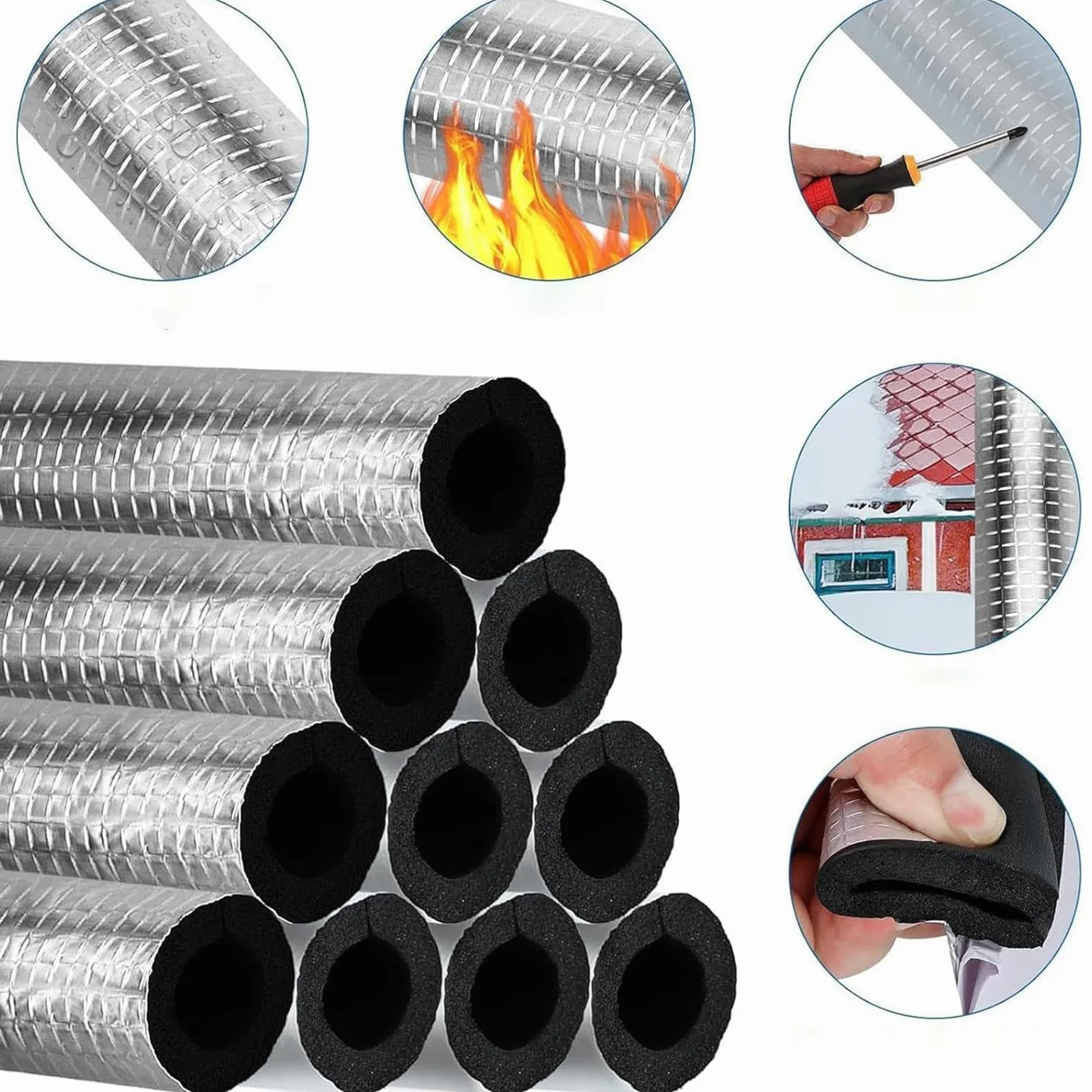 Tubo di Isolamento Antigelo per Esterni (ID) 114mm x (T) 30mm | Isolante per Tubature Autosigillante Tubo Isolato con Foglio di Alluminio per Estern Bagno Tubi Acqua Fredda e Calda