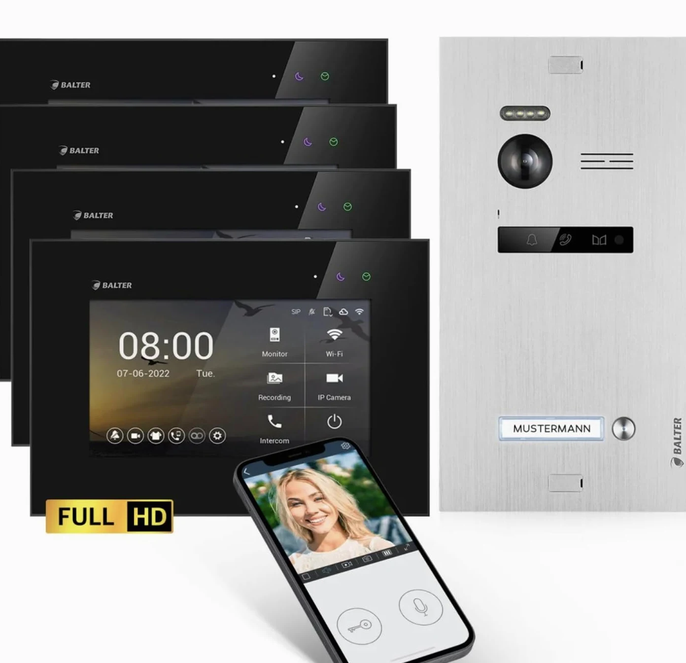 SCHUTZER Balter EVO-HD Videocitofono per 1 casa di famiglia, monitor touchscreen da 7", fotocamera grandangolare da 175°, visione notturna, tecnologia a 2 fili