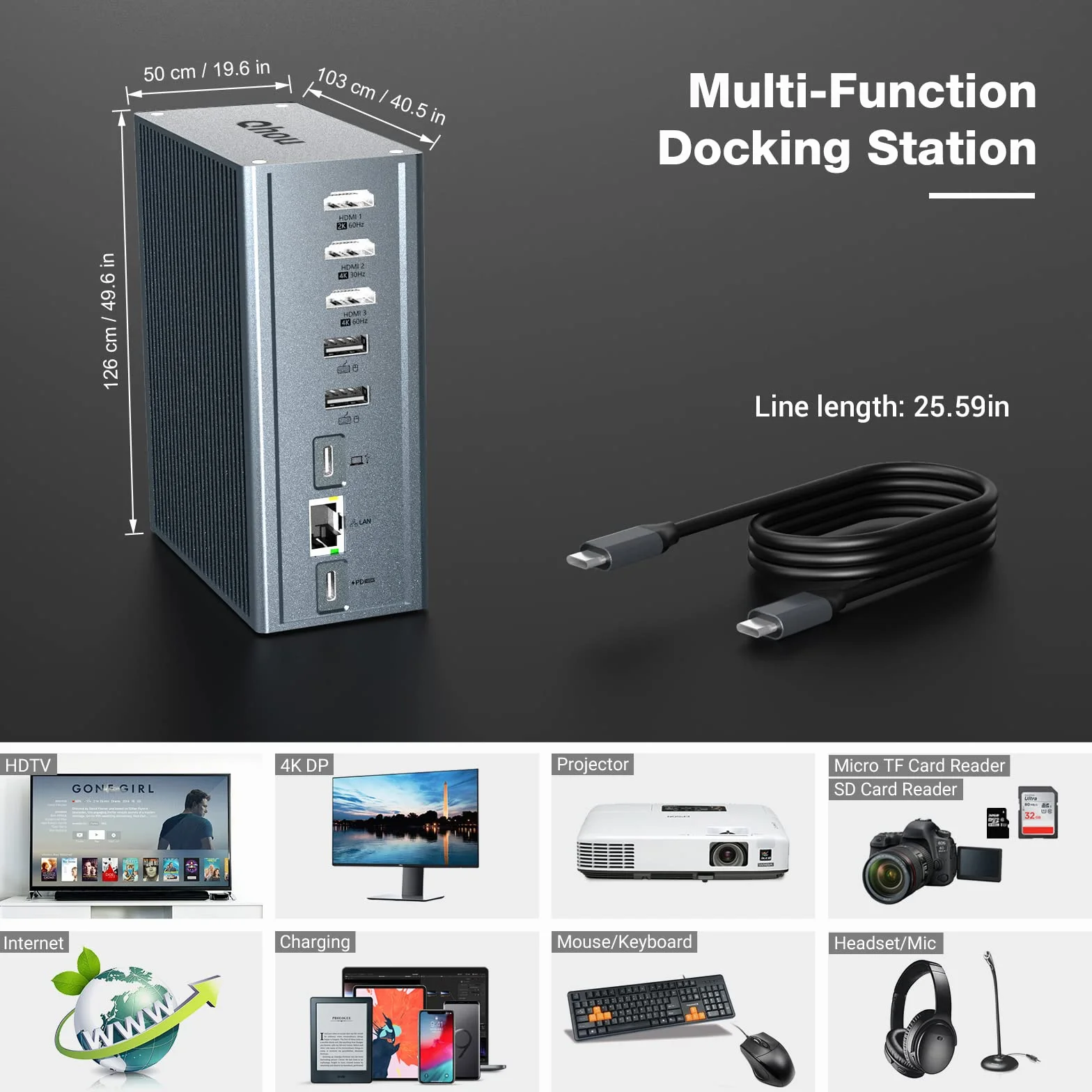 Qhou Docking Station USB-C 16 in 1 Docking Station USB C, tripla HDMI, 100 W PD, Ethernet, audio da 3,5 mm, 2 USB A e USB C, SD/TF per computer portatili Mac Pro/Air e Thunderbolt 3