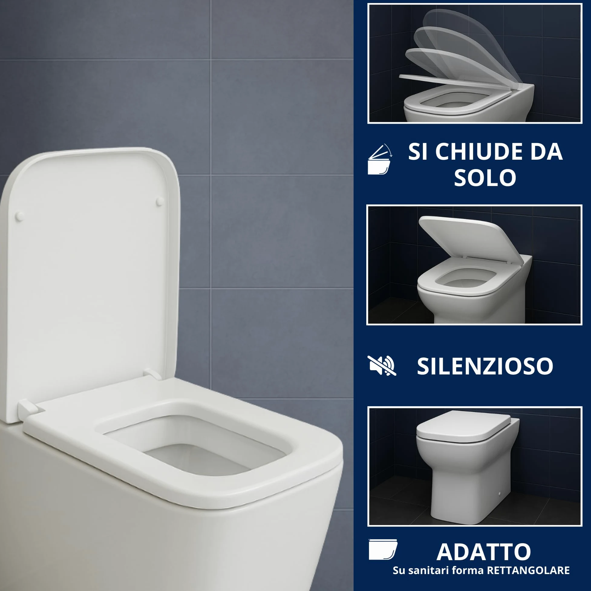HYDRO HOME Copriwater Rettangolare HH313 Universale Compatibile con Vari Modelli, Tavoletta WC in Plastica Termoindurente, Antibatterico, Cerniere Regolabili Soft Close, Bianco (Chiusura ammortizzat)