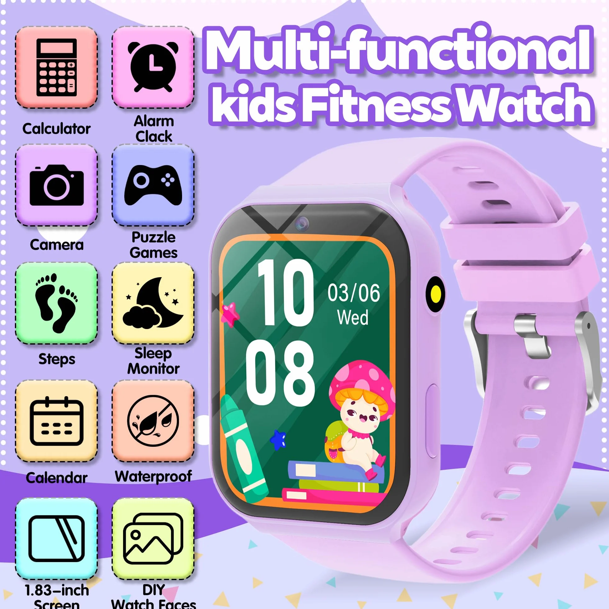 Smartwatch Bambini, 1.83" Orologio Smartwatch Bambini Fitness Tracker con 18 Giochi Fotocamera Contapassi Sveglia Monitor del Sonno Impermeabile Regali di Natale e Compleanno per Ragazza Ragazzo