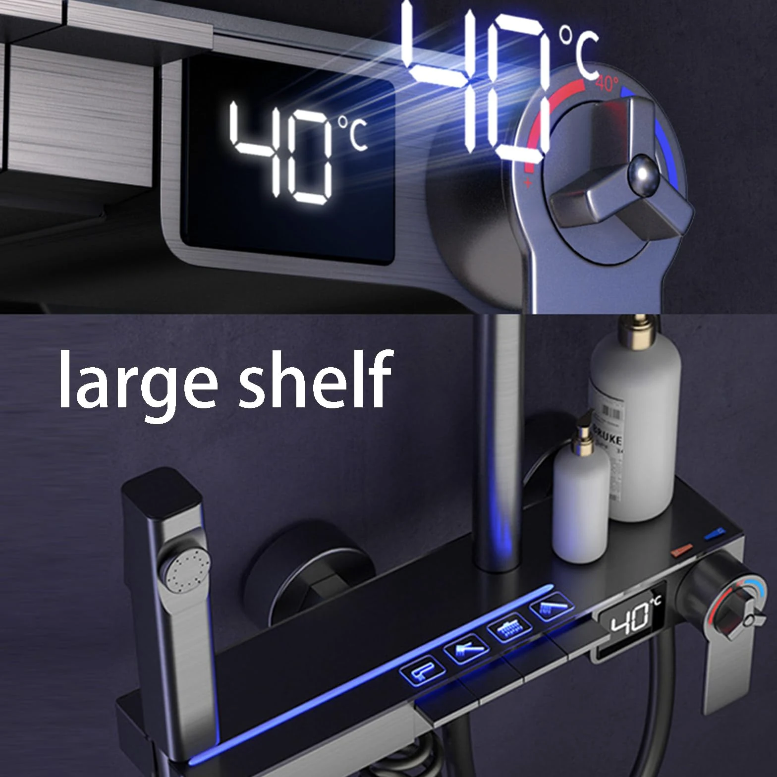 Set Rubinetto Doccia Systemtatic con Display della Temperatura, 4 funzioni, soffione a Pioggia da 12", doccetta, spruzzatore per Bidet, beccuccio per Vasca, Grigio Canna di Fucile
