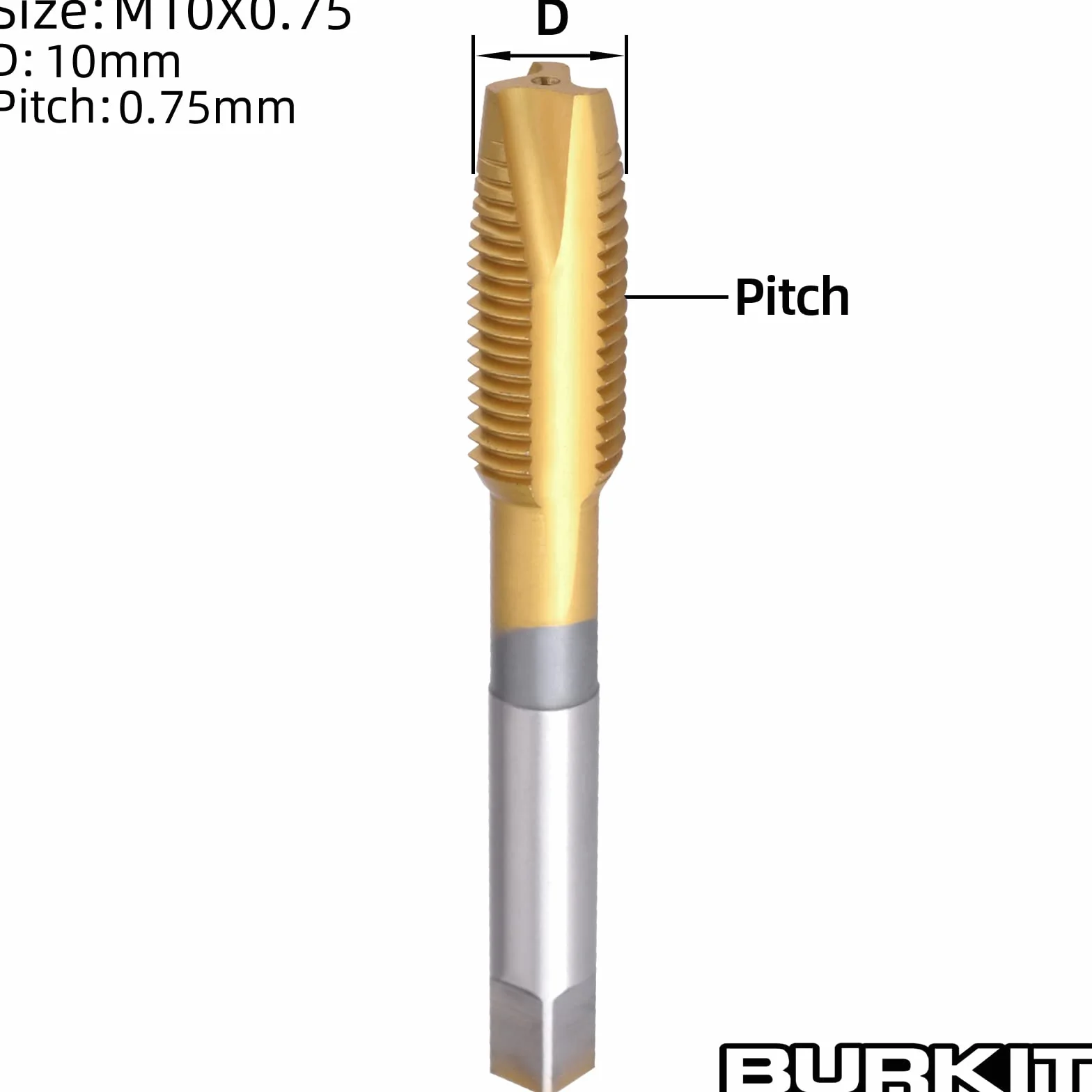 Maschio a punta a spirale HSS rivestito in titanio M10 x 0,75 Burkit