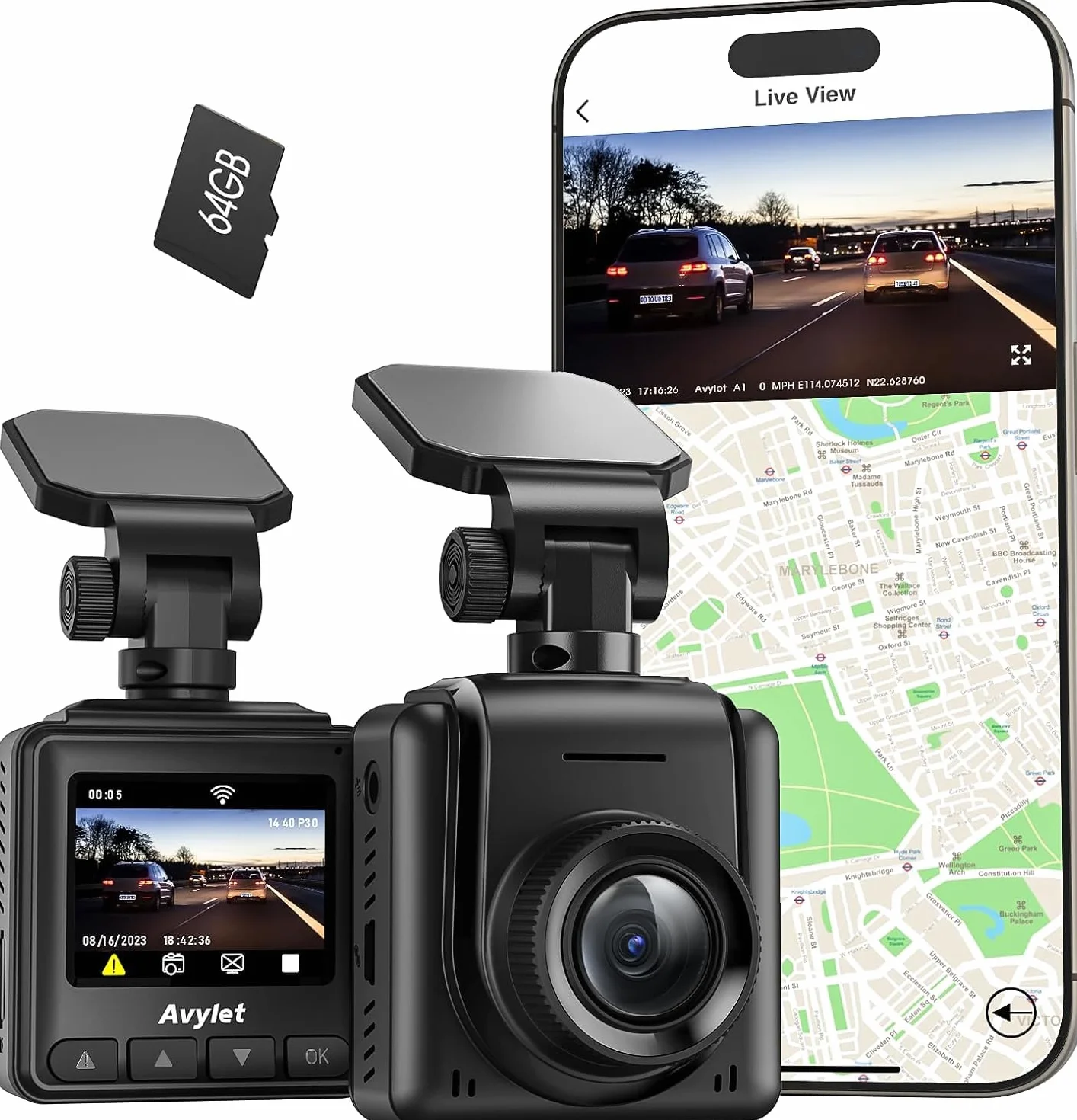 Avylet 2K Dash Cam Wi-Fi Con Scheda 64GB, Mini Telecamera per Auto 1440P con APP, Dashcam Auto GPS Esterno, WDR, Visione Notturna, 24H Monitor di Parcheggio, Rilevamento di Movimento, G-Sensor