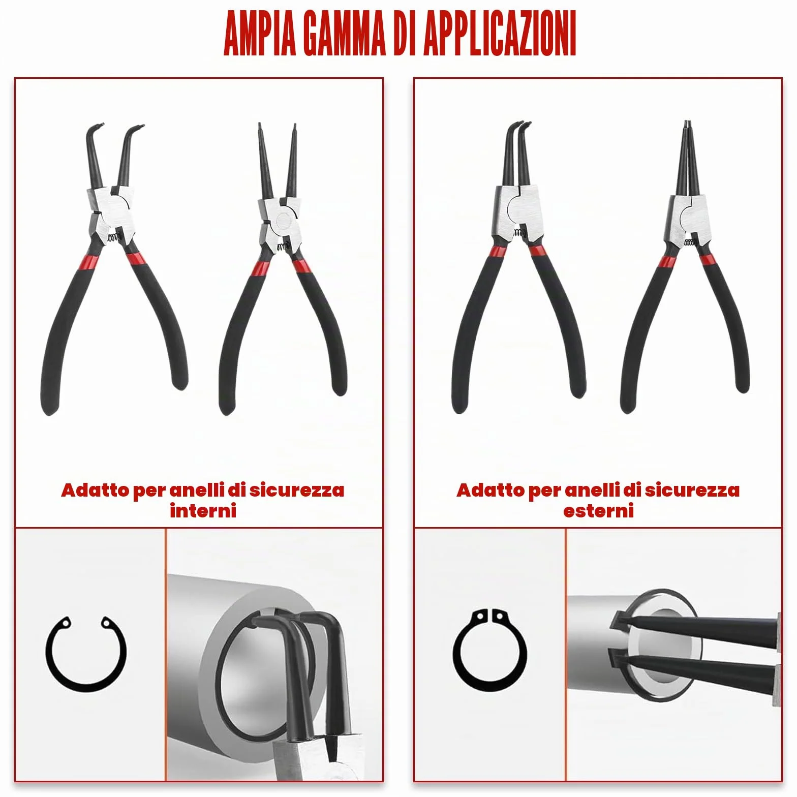 Set di 4 pinze per anelli elastici 180 mm dritte e angolate con borsa