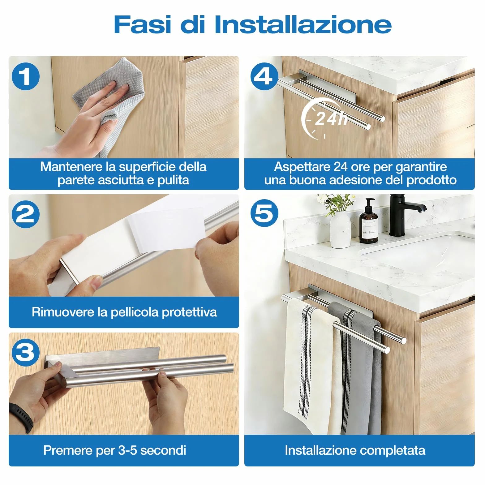 Portasciugamani Senza Foratura in Acciaio Inox SUS304 Autoadesivo 39 cm 2 Bracci Antiruggine per Bagno