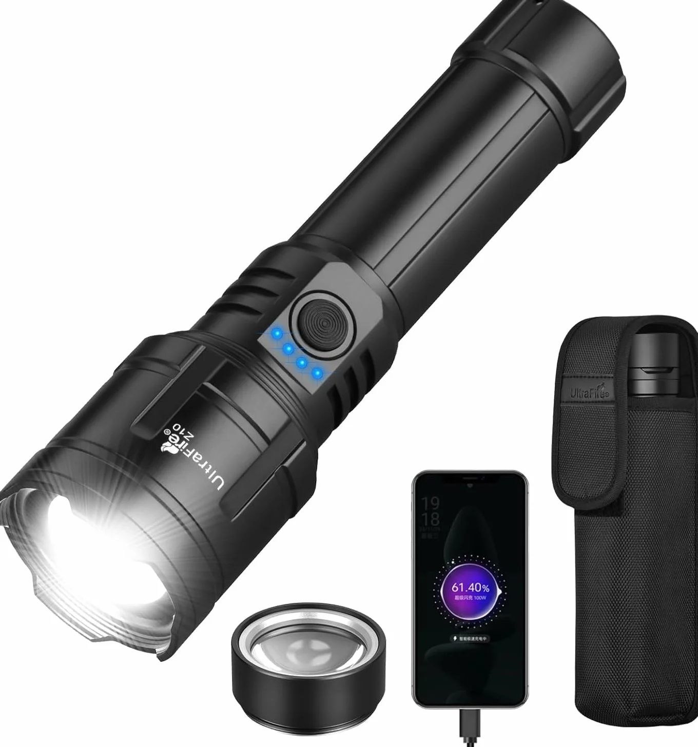 ULTRAFIRE Torcia LED ricaricabile da 1500 lumen con lente Lgnition, torcia tattica zoomabile con fondina per cintura, 3 modalità per campeggio all'aperto escursionismo Z10
