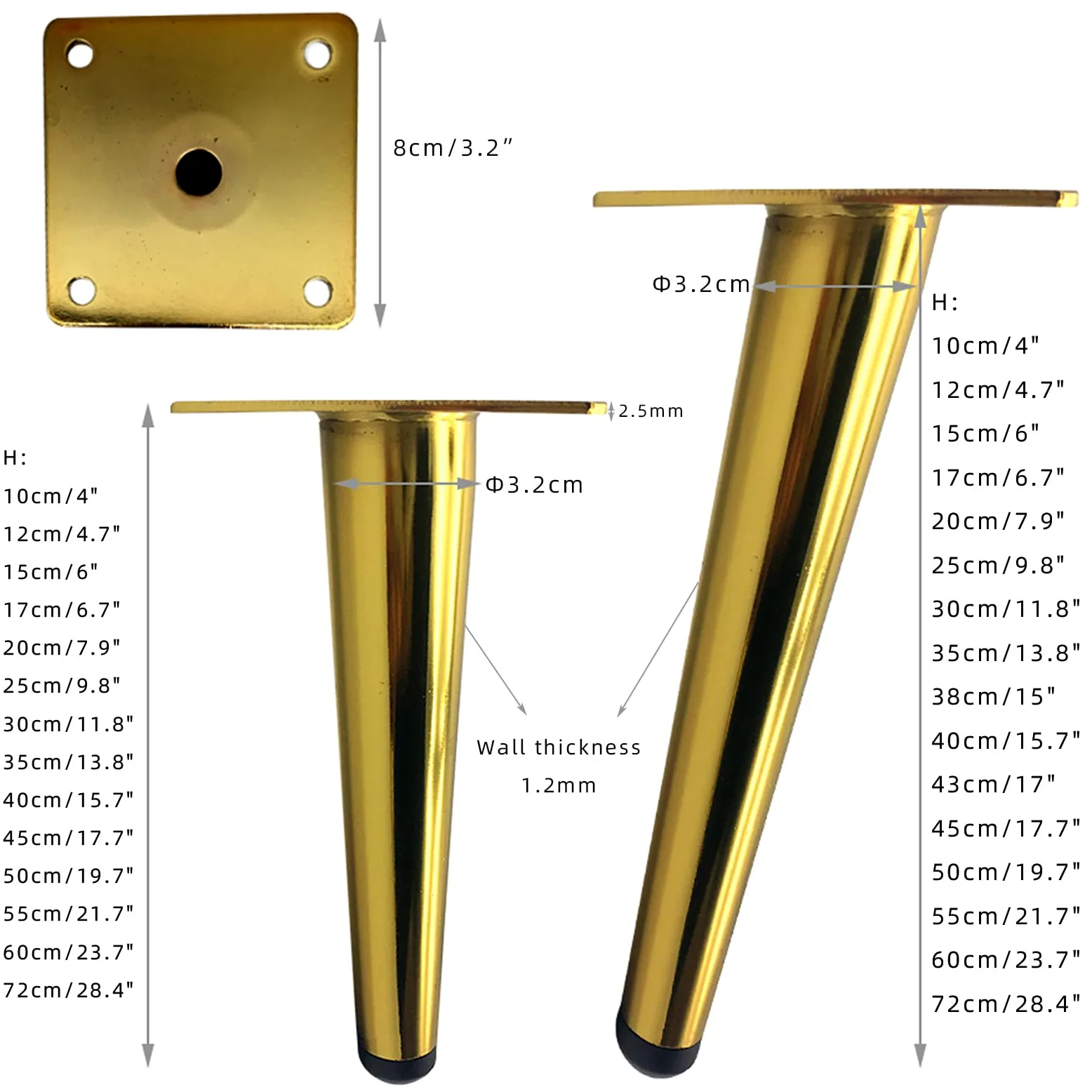 Generico Gambe per Mobili Oro Conico 4 Pezzi Supporto Piedini da Tavolo Dorati Piedini in Ferro Verniciati A Spruzzo Piedini per Divano Altezza: 10-72 cm Piedini per Mobile 43 cm/17