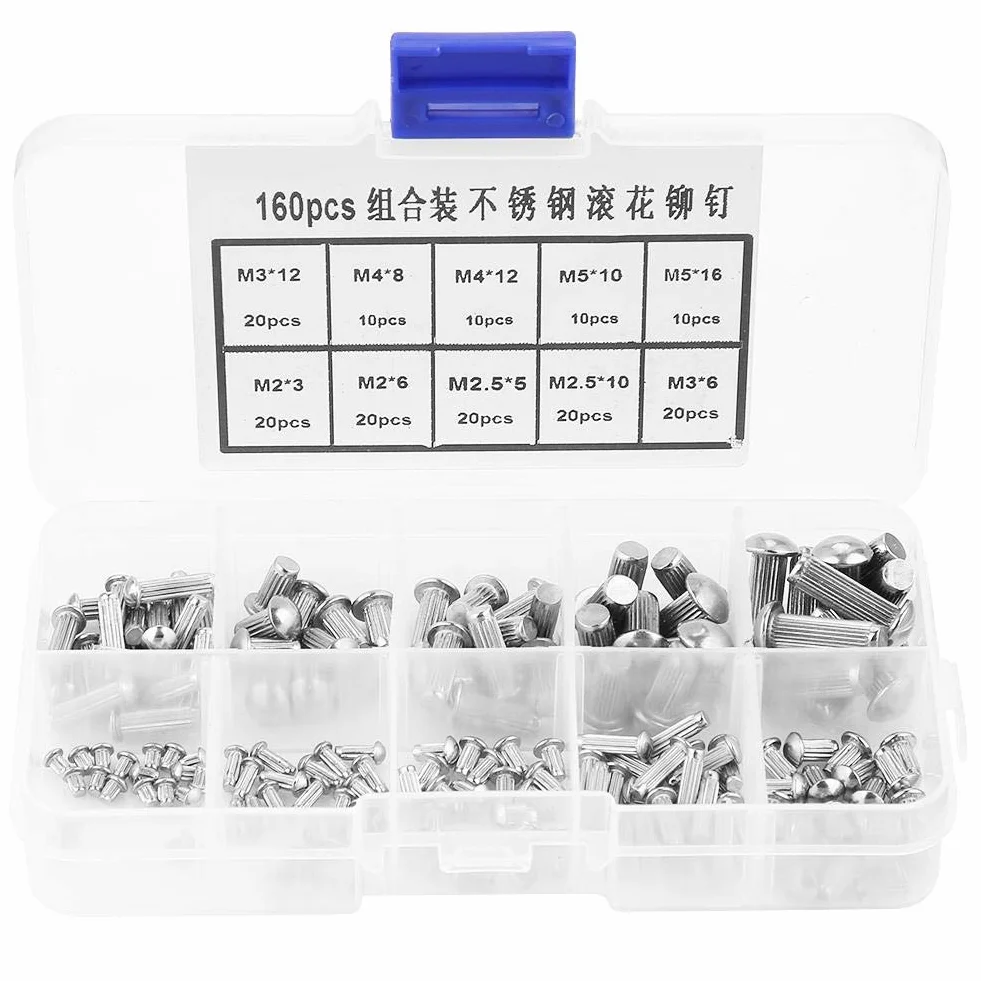 Kit rivetti solidi in acciaio inossidabile M2-M5 160 pezzi testa tonda zigrinato con contenitore