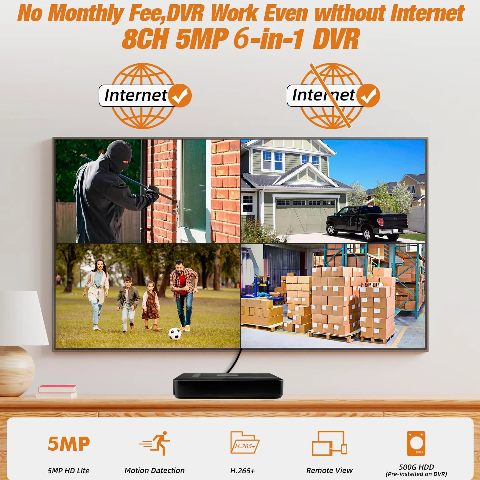 DVR per sorveglianza 8 canali H.265+ con HDD da 500G, DVR CCTV ibrido 6-in-1 per telecamere CVBS/AHD/TVI/XVI/CVI/IP, DVR per telecamere di sicurezza per sistema di sorveglianza domestica, APP mobile e
