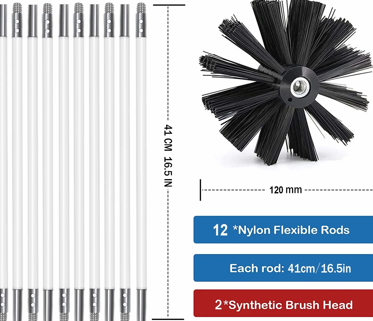 Spazzola Pulizia Camino 120mm Diametro con 12 Aste Nylon 410mm e 2 Testine per Canna Fumaria