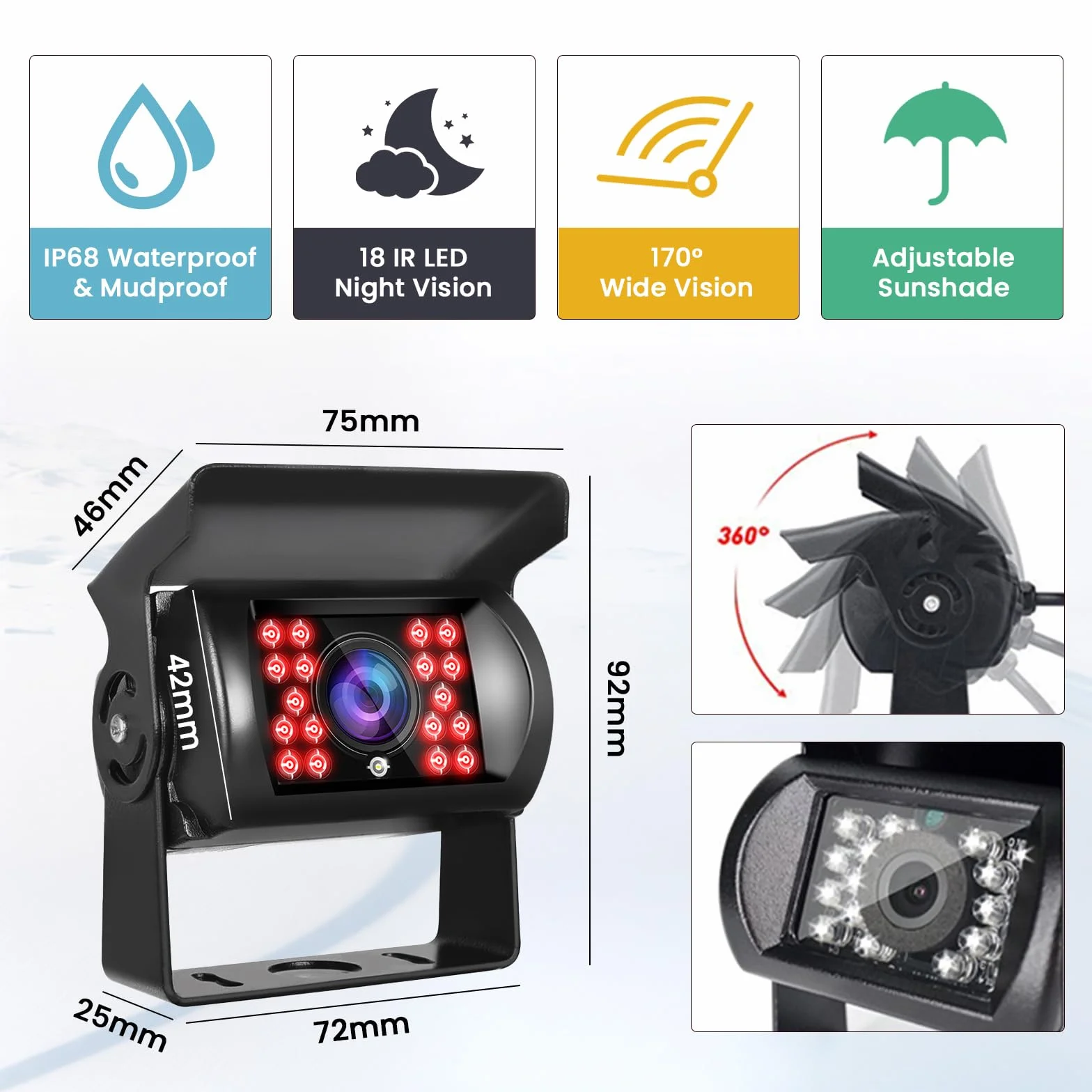 Inefala Kit Telecamera Posteriore con Monitor 7 Pollici +Telecamera di Retromarcias Impermeabile IP68 Grandangolo 170° Visione Notturna 18IR per Camion Camper Trattori 12V-24V +20M 4Pin Cavo Avionico