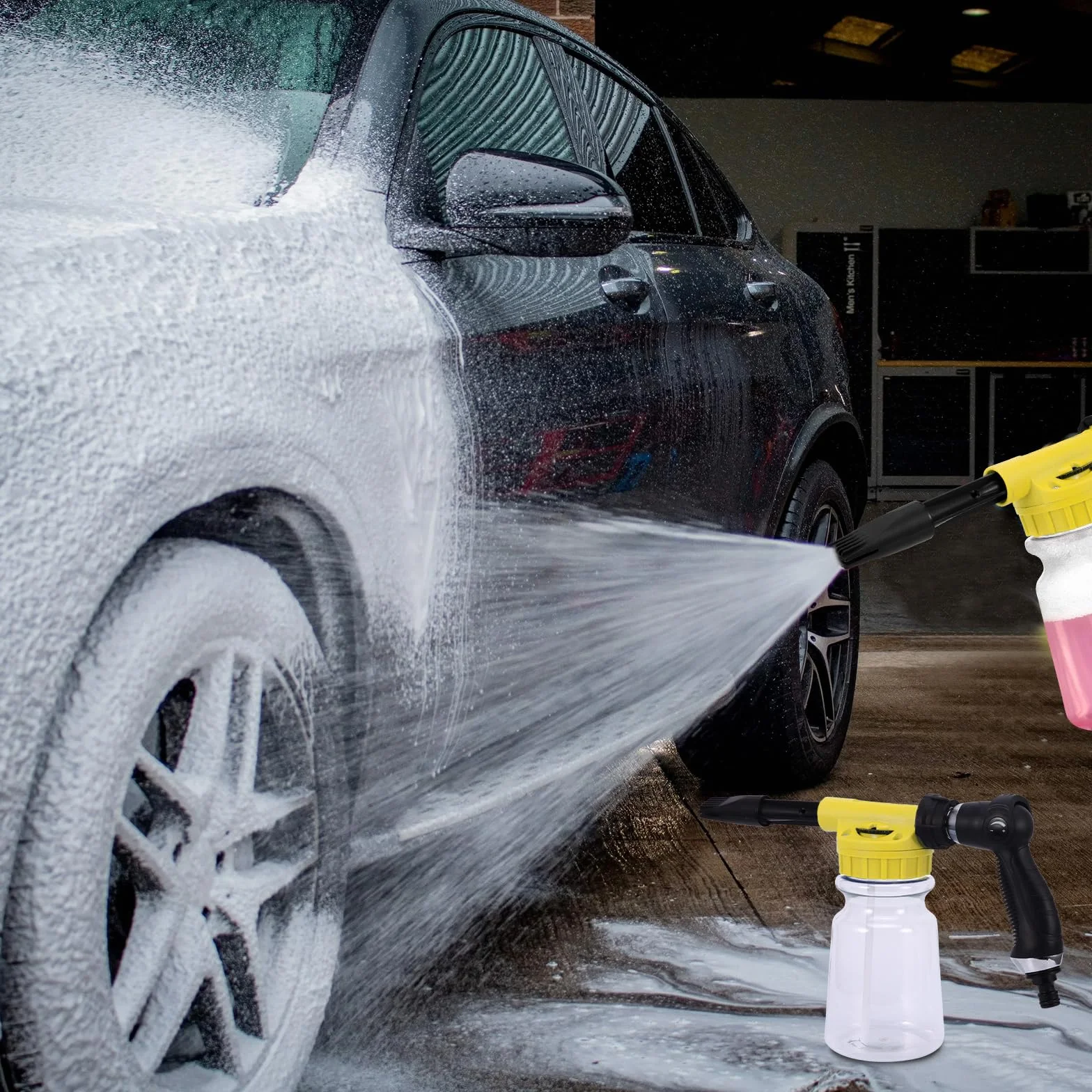 Foam Gun Car Wash 1000ml, 2 in 1 Lancia Schiuma Regolabile, Pistola Schiuma per Pulizia Auto Cannone Schiuma Attacco Tubo da Giardino per Pulizia Auto e Moto Giardini (Giallo)