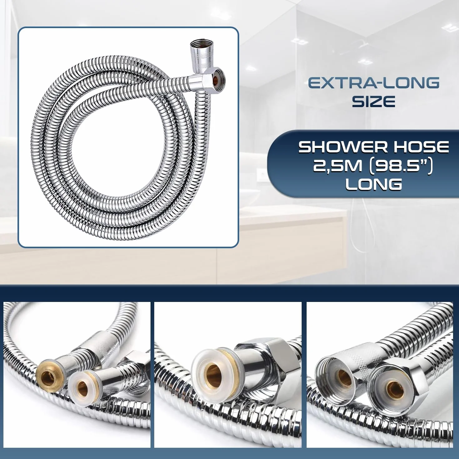 Tubo Doccia 250 cm Acciaio Inox Universale Antitorsione Flessibile 2.5 Metri con Connettori in Ottone e Guarnizioni Integrate