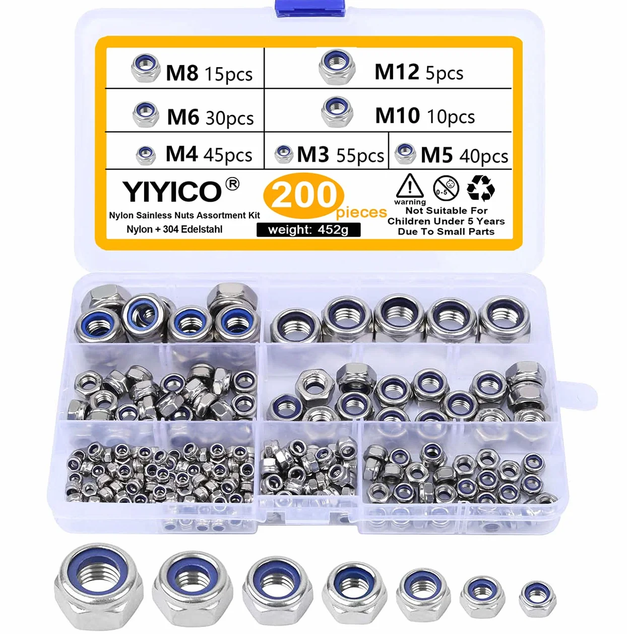 Dadi Autobloccanti Acciaio Inox M3 M4 M5 M6 M8 M10 M12 Set 200pz Controdado con Scatola