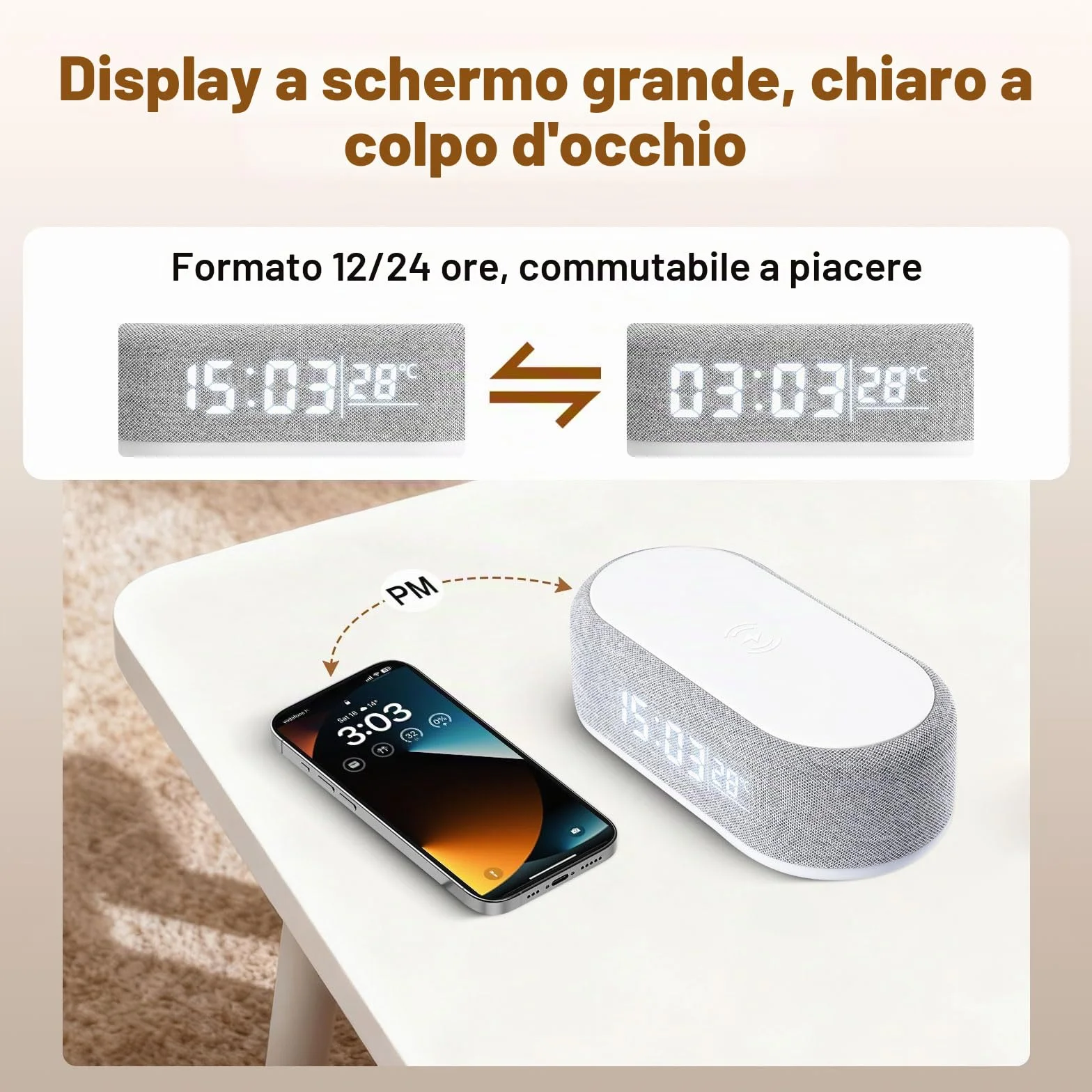 4 In1 Sveglia Digitale, Caricatore Wireless, Sveglia intelligente con orologio, termometro e luce LED, luminosità regolabile