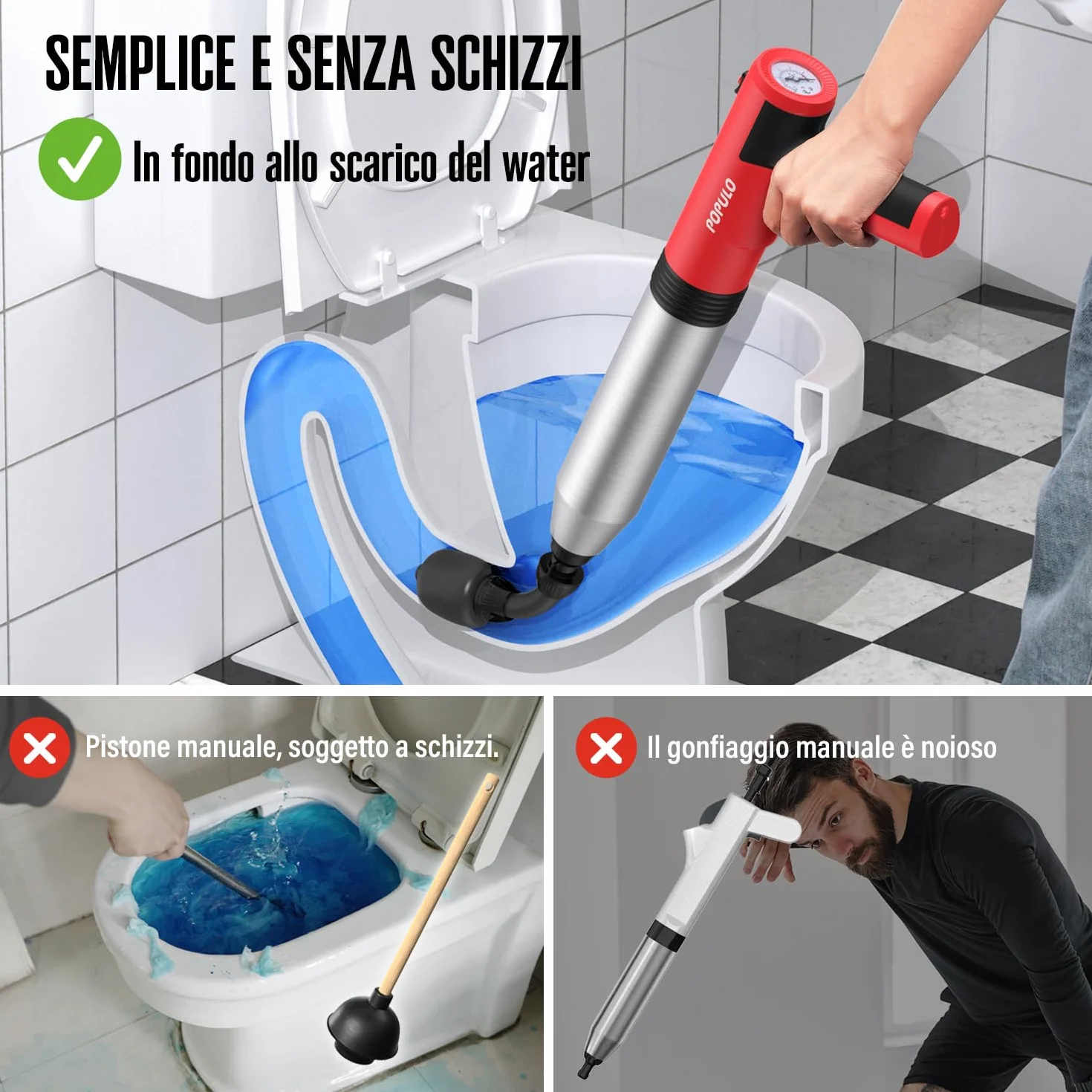 POPULO Stantuffo elettrico per WC Swift, alta pressione, bagno, doccia, rimozione intasamenti
