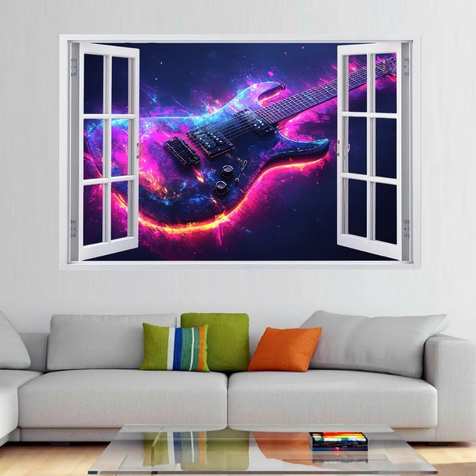 Decalcomanie da muro Art 3D Fracassato Chitarra Adesivi murali removibili Arte Astratta Carta da parati Camera da letto autoadesivo per ragazze Camera da letto Nursery Home Decor Gift