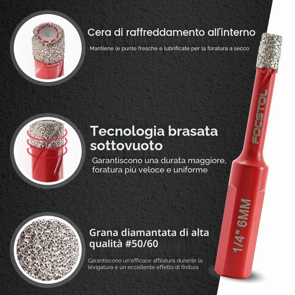 FOCSTOL Zestaw wierteł diamentowych 4 szt. 6/8/10 mm + wiertło 6 mm do gresu porcelany granitu