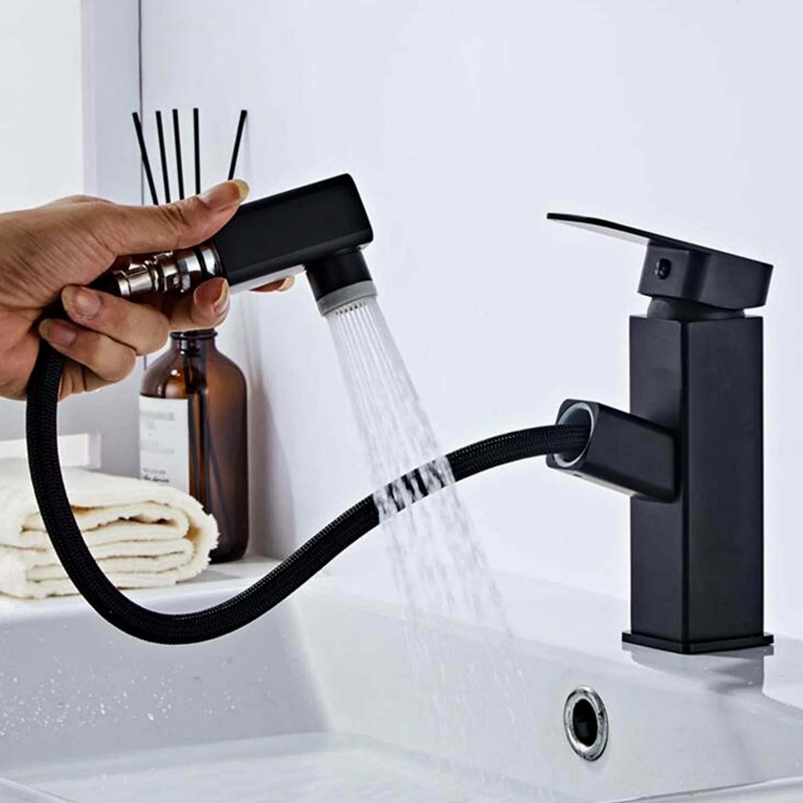 Generico Rubinetto da Bagno con Miscelatore Estraibile per Lavello da Cucina/Bagno 2 modalità di Getto Miscelatore per Lavabo da Bagno con Doccetta Nero-A