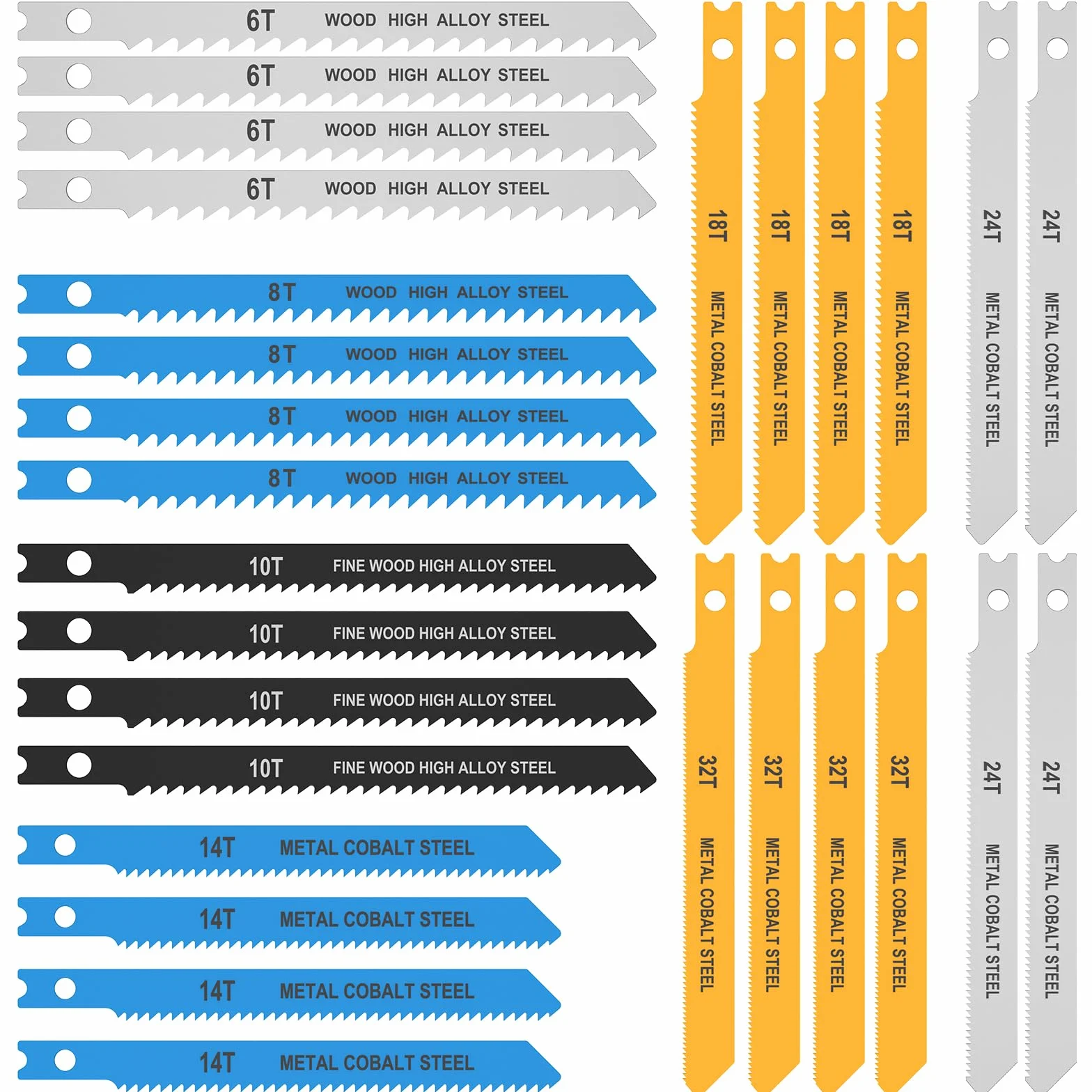 Set di 28 lame per seghetto alternativo professionale a fusto U, lame per seghetto 6TPI/8TPI/10TPI/14TPI/18TPI/24TPI/32TPI per legno, plastica e metallo, 85mm e 100mm