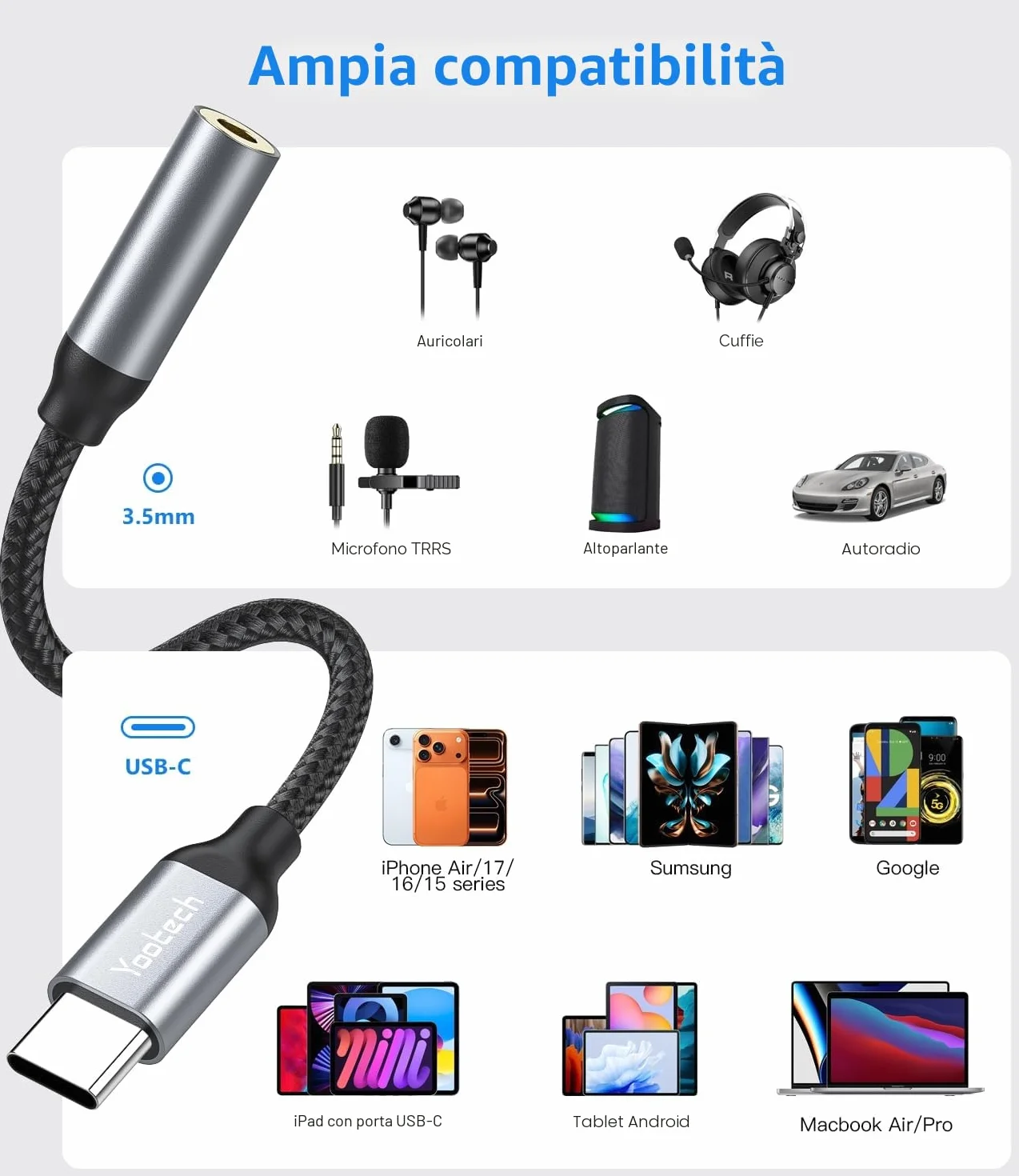 Adattatore USB C Jack 3.5mm, Adattatore Audio USB C a Cavo Dongle Aux per iPhone 16 15 Pro Max Plus, per Samsung Galaxy S24 S23 Ultra Note 20, Pixel 4 3 2 XL e altro