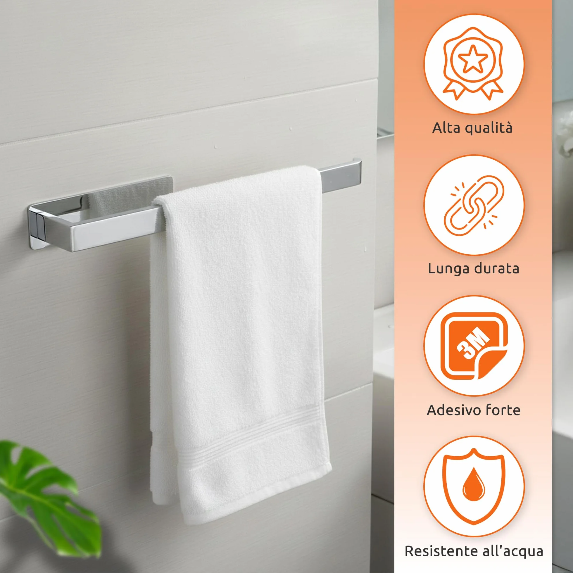 ECENCE Porta Asciugamani Bagno Adesivo 3M cromo 38cm Acciaio Inox 304 Antiruggine