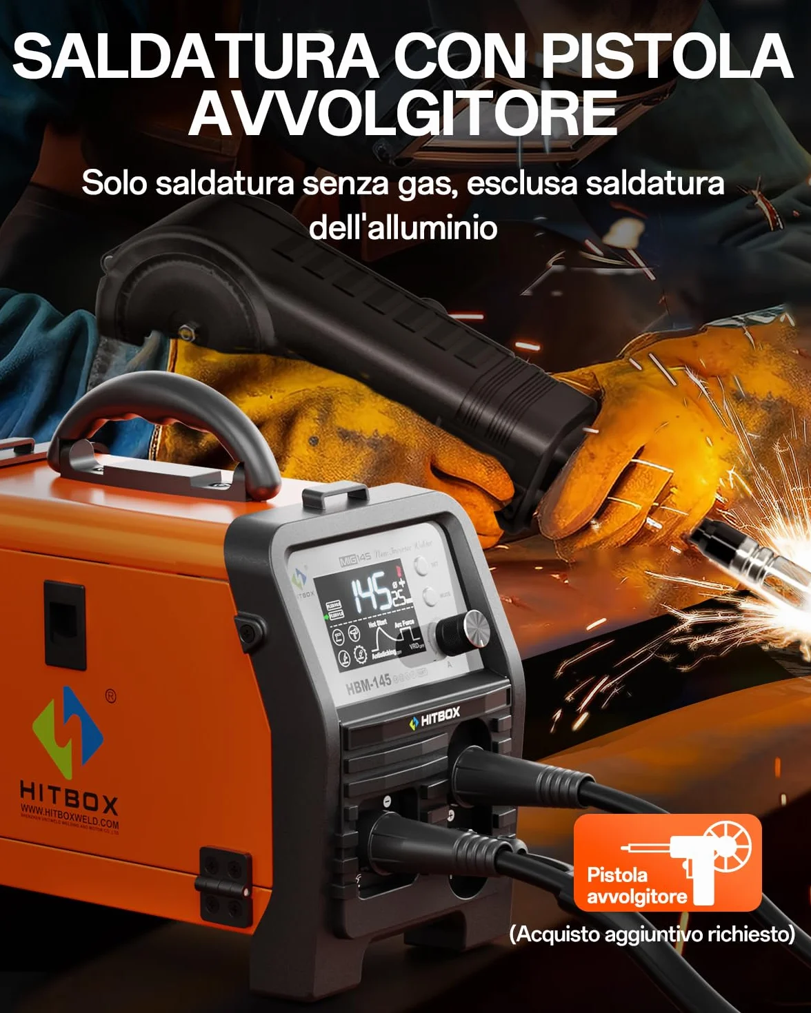HITBOX 145A Saldatrice a Filo Continuo 4 in 1 230V MIG/ARC/Lift TIG/Spool Gun con Display LED