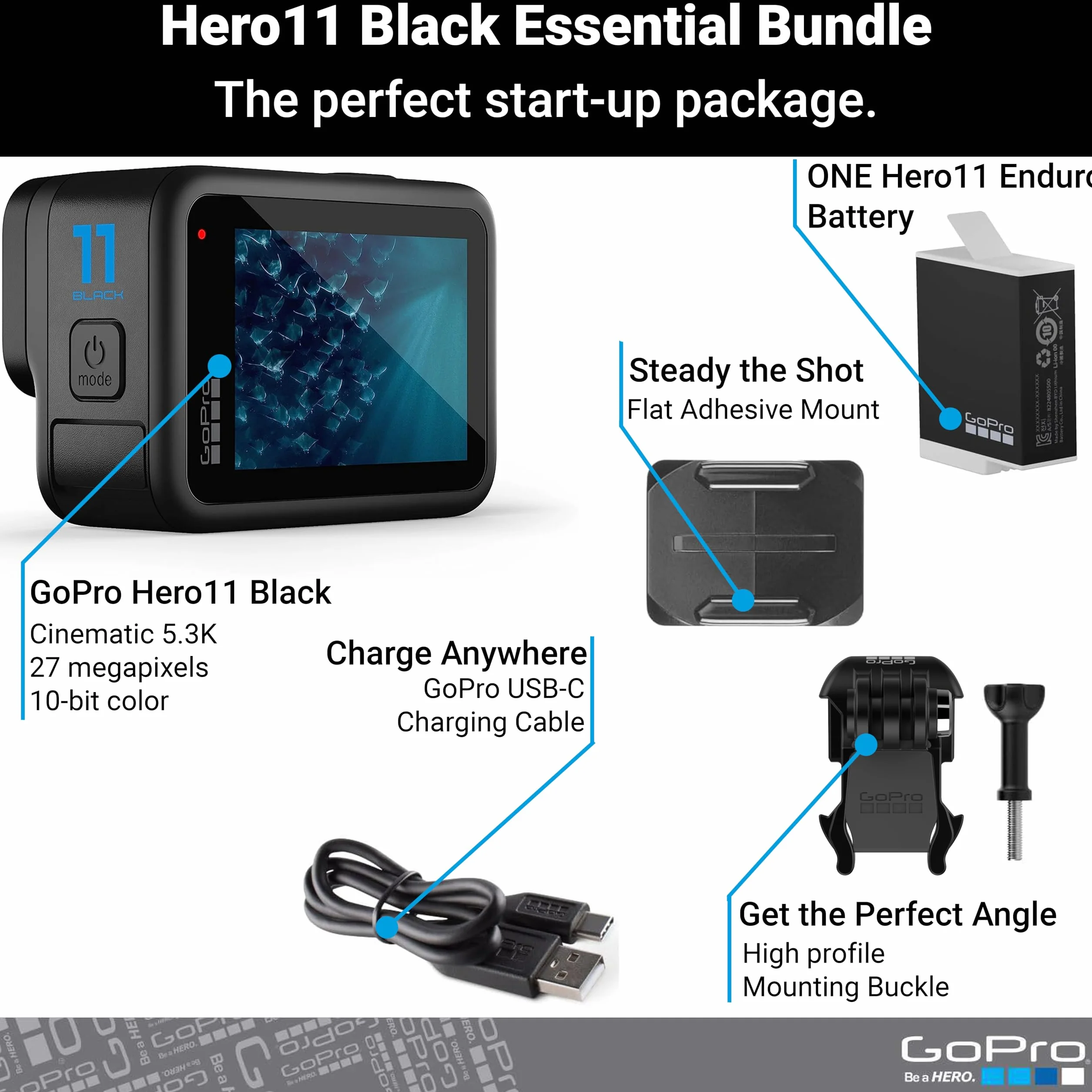 GoPro HERO11 Nero - Confezione per e-commerce - Fotocamera d'azione impermeabile con video Ultra HD 5.3K60, foto da 27 MP, sensore d'immagine da 1/1.9 pollici, trasmissione live, webcam,