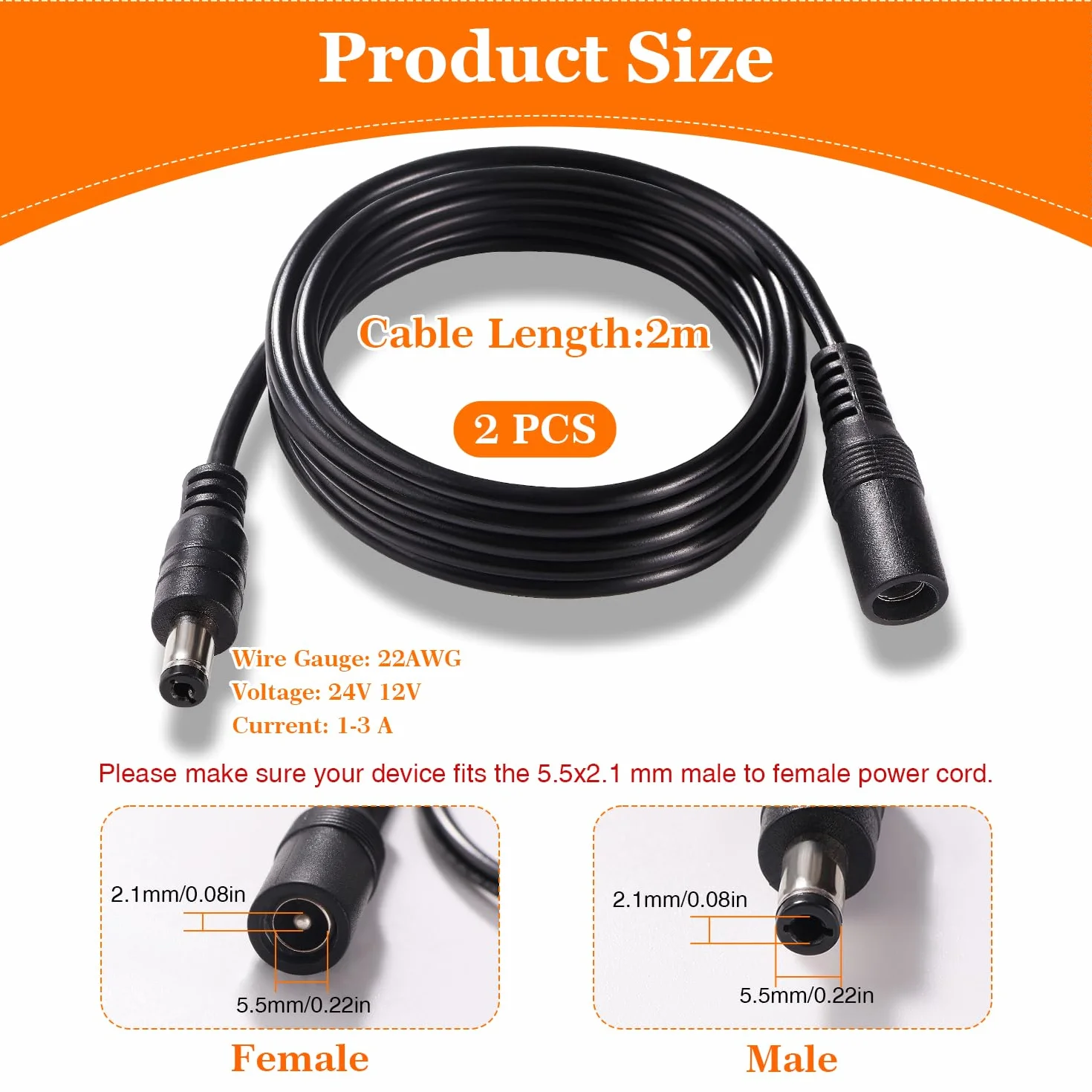 2 Pezzi 2m 5.5x2.1 mm 24V 12V Cavi di Prolunga per Alimentazione DC, DC Cavo Estensione Maschio a Femmina 22AWG, per Telecamera Sicurezza CCTV, DVR, Nero