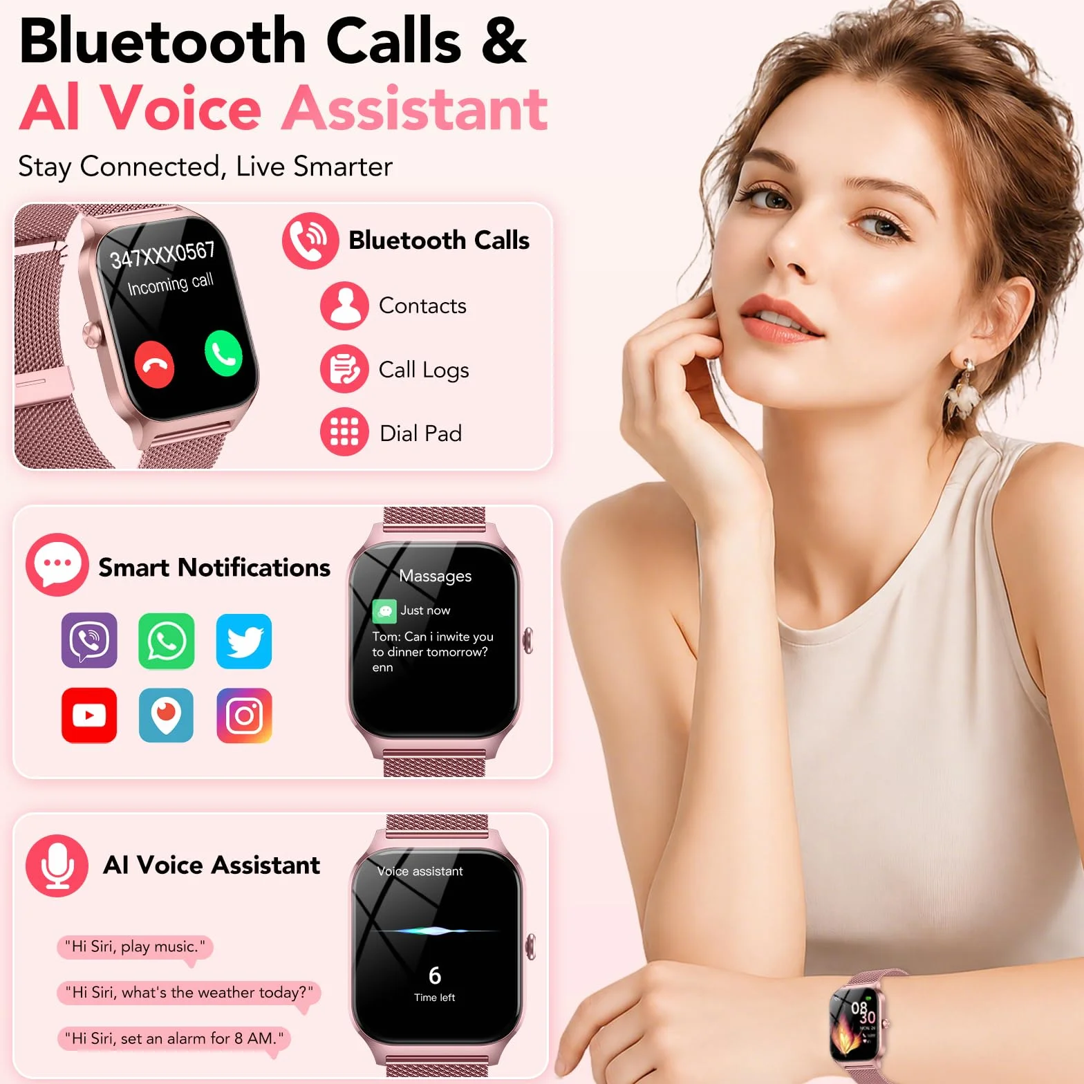 CASCHO Smartwatch Donna,1.85" HD Orologio Smartwatch con Chiamate Bluetooth e Assistente Vocale AI,120+ Sportive con Contapassi/Sonno/Cardiofrequenzimetro, Smart Watch per iOS Android, 2 Cinturini