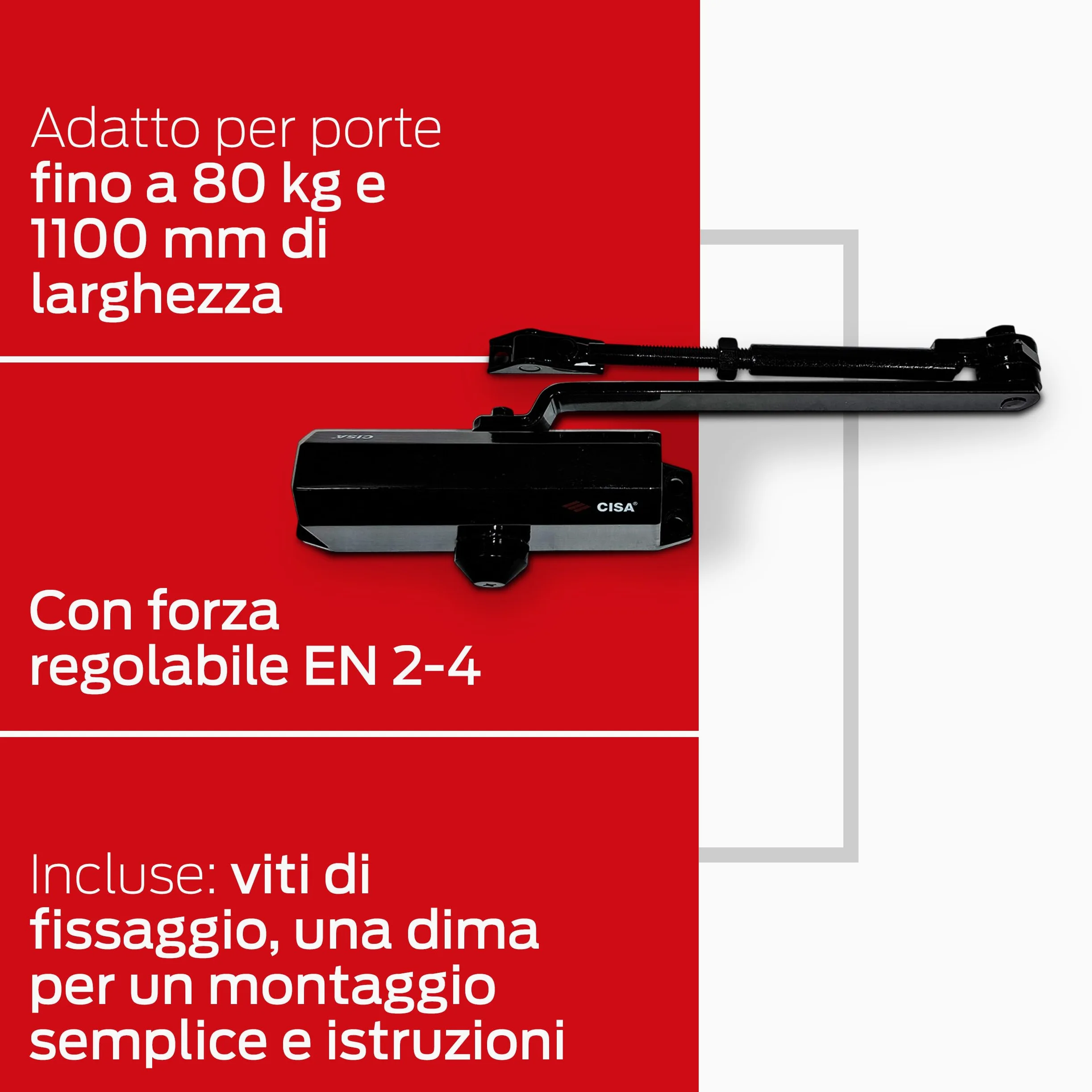 CISA - Chiudiporta CISA a Cremagliera con Arresto 16047103044 Serie 604 - Chiudiporta con Velocità di Chiusura Regolabile - Chiudi Porta per Porte Max 80 kg - Nero