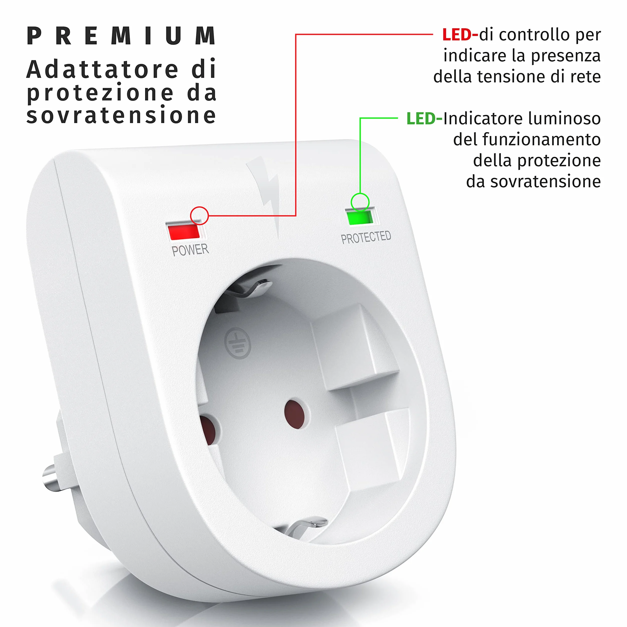 Arendo Presa di protezione anti sbalzi di tensione Antifulmine 3500 W IP 20 Bianco opaco