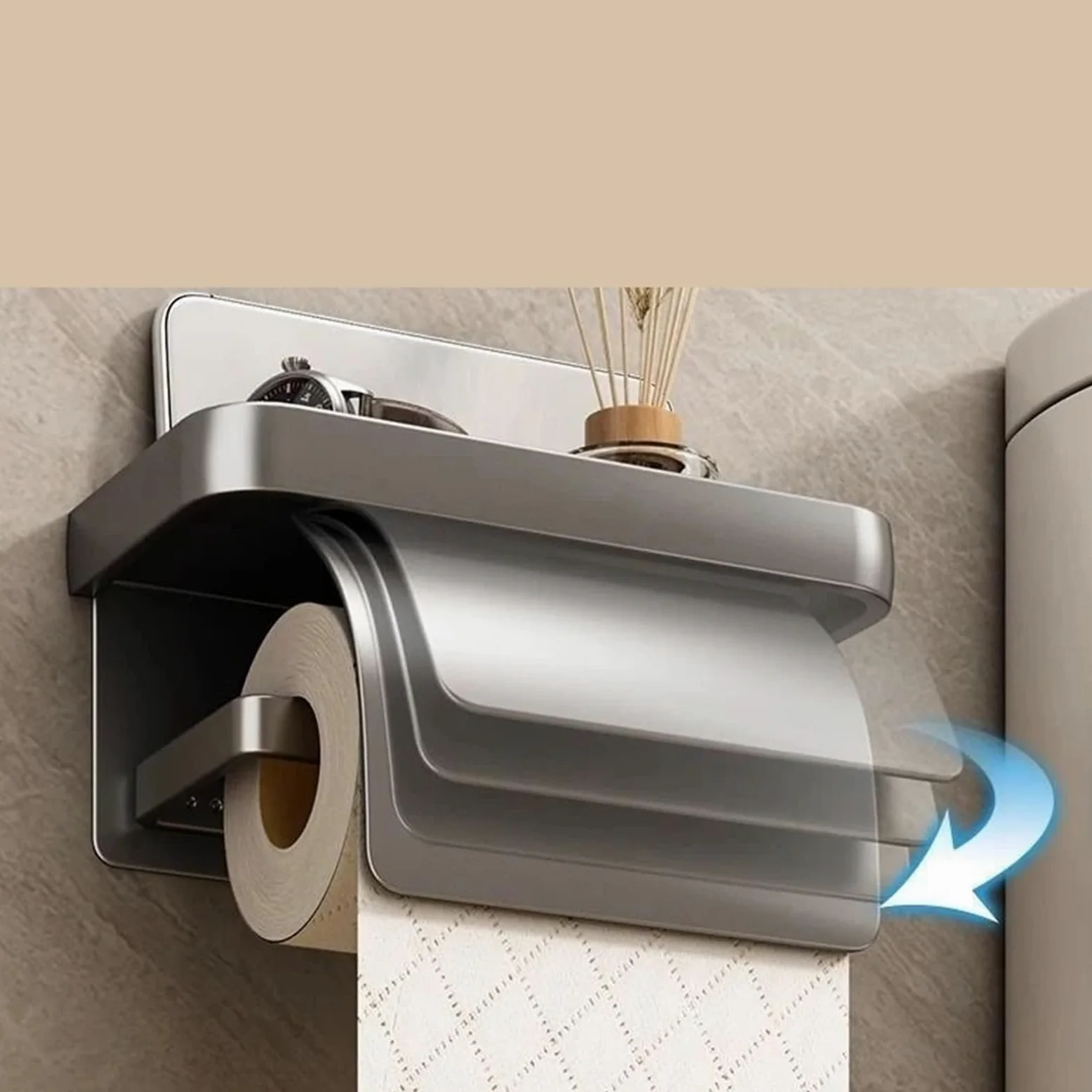 Portarotolo WC adesivo con mensola Porta carta igienica senza foratura | Ripiano portaoggetti for dispenser di fazzoletti for carta in rotolo for bagno(JS A silvery rack)